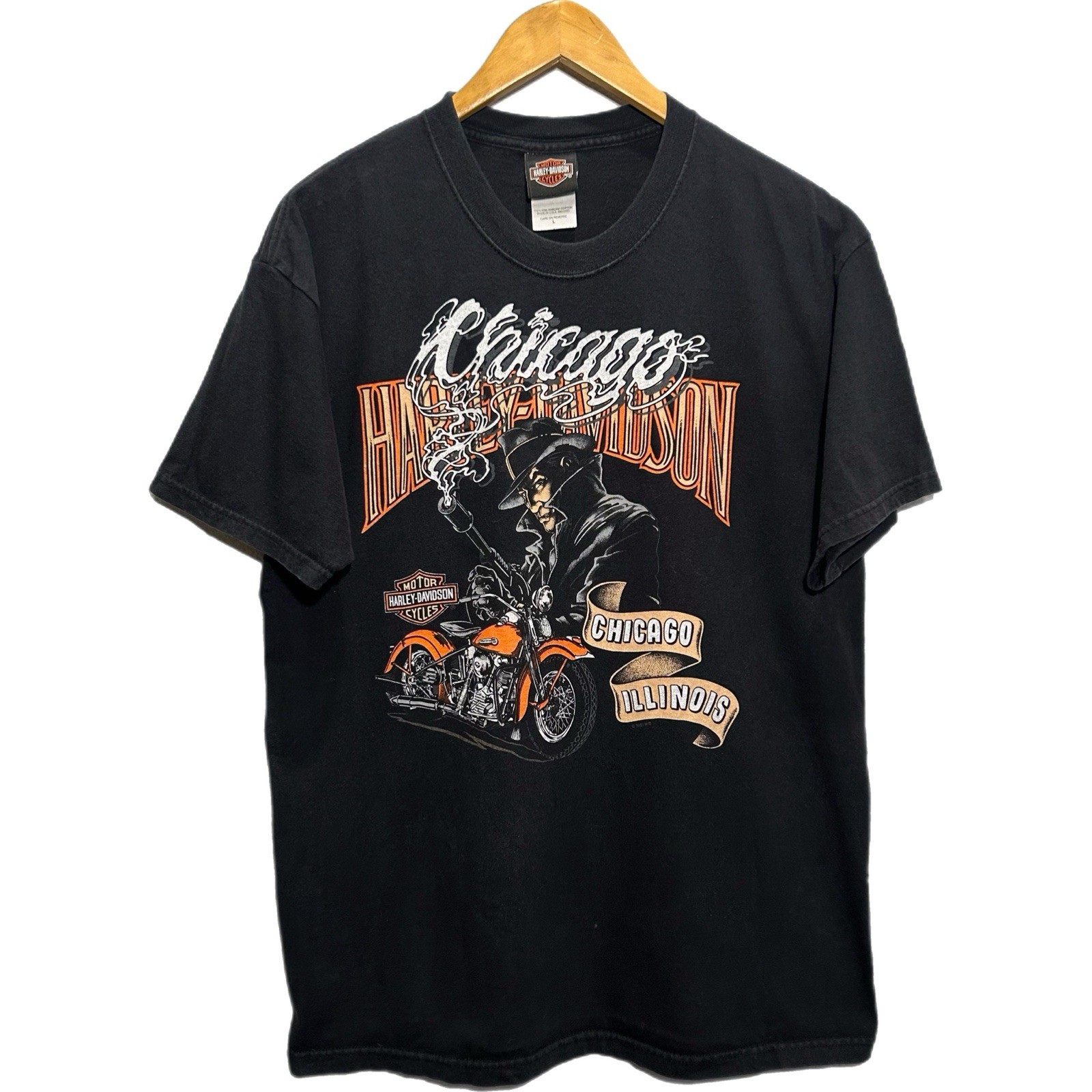 Vintage Harley Davidson Shirt Mens L Black Gangster Chicago Y2K Biker Tommy Gun