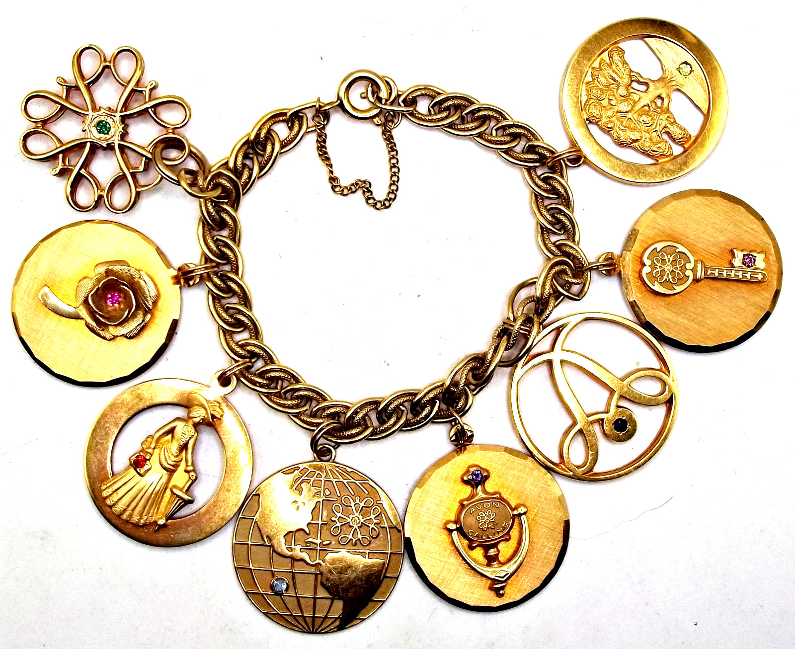 Vintage Avon 1/10 10k GF Gemstone Presidents Club Bracelet 8 Chunky Charms 79.6g Vintage Avon 1/10 10k GF Gemstone Presidents Club Bracelet 8 Chunky Charms 79.6g