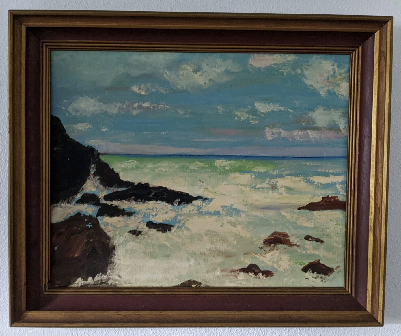 VTG Oil Painting Beach Ocean Framed Seascape Waterscape Waves Ships From FL