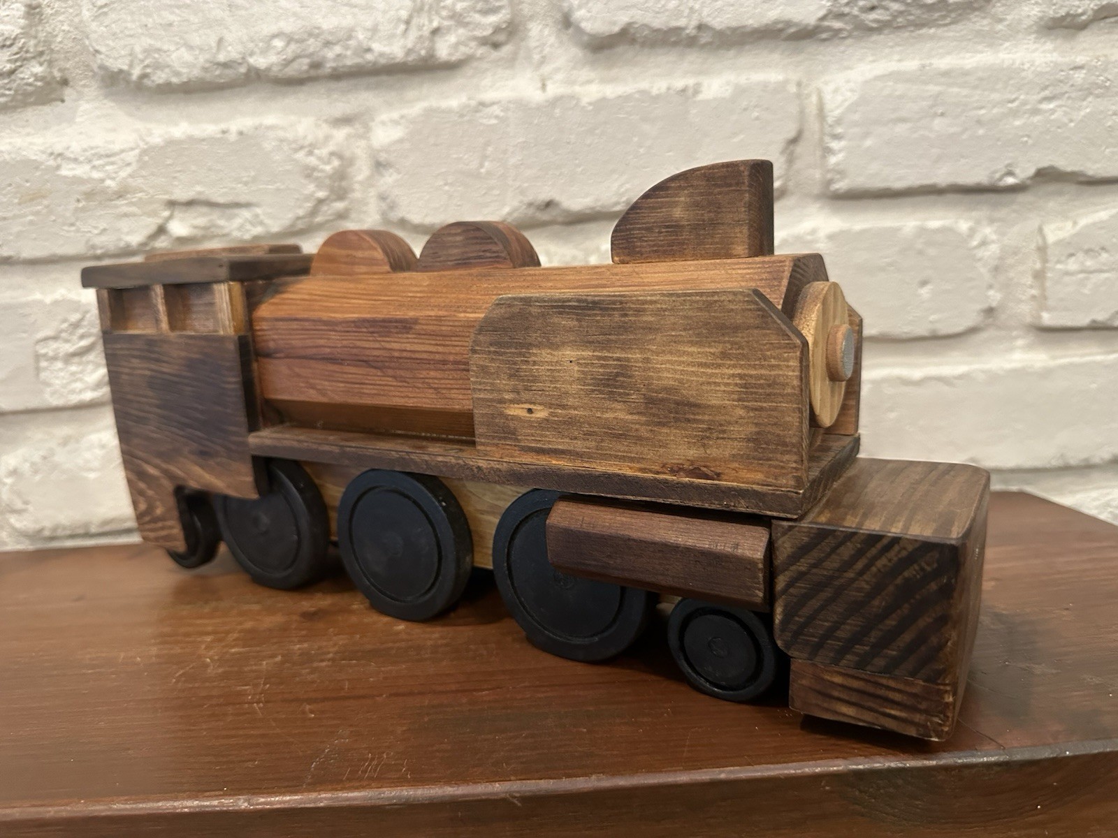 Vintage handcrafted wooden toy steam engine locomotive 13”