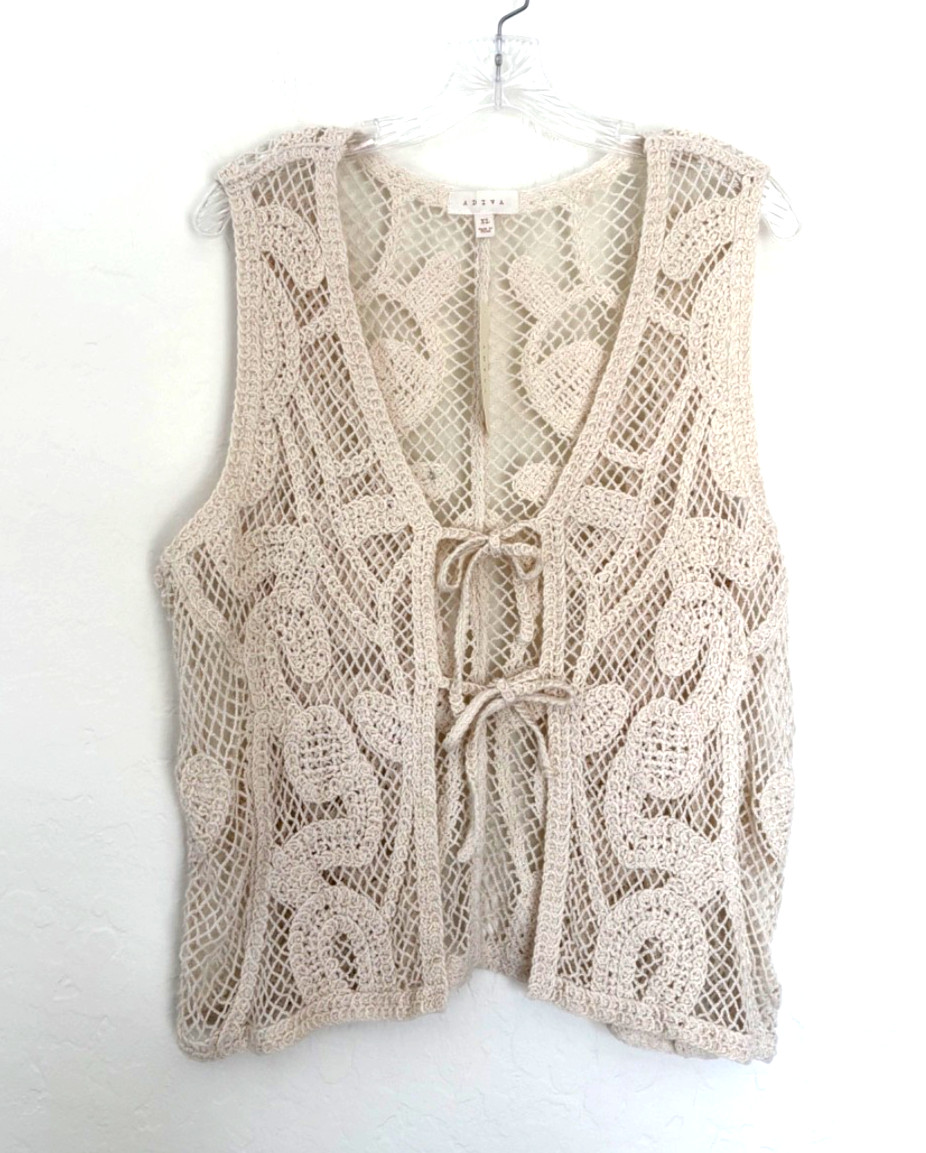 Adiva Crochet Open Knit Vest Boho Cottagecore Festival Cotton Tie Front Sz XL Adiva Crochet Open Knit Vest Boho Cottagecore Festival Cotton Tie Front Sz XL