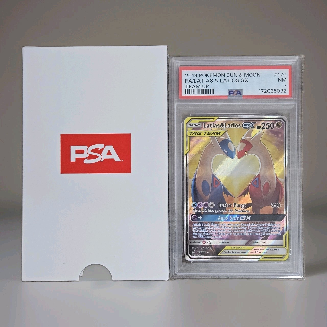 2019 Pokemon Sun & Moon Team Up Full Art Latias & Latios GX #170 PSA 7 NM