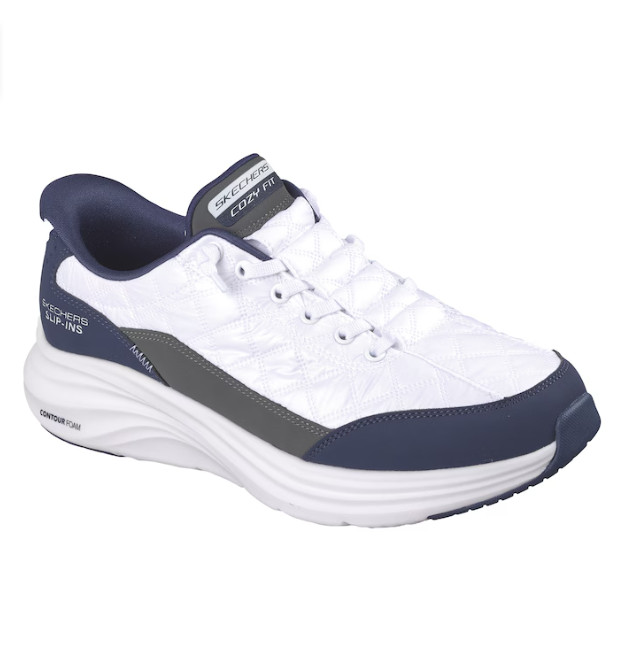 HOT SALE Skechers Men's Slip-Ins Vapor Foam Cozy Fit Sneaker White Navy AUTH