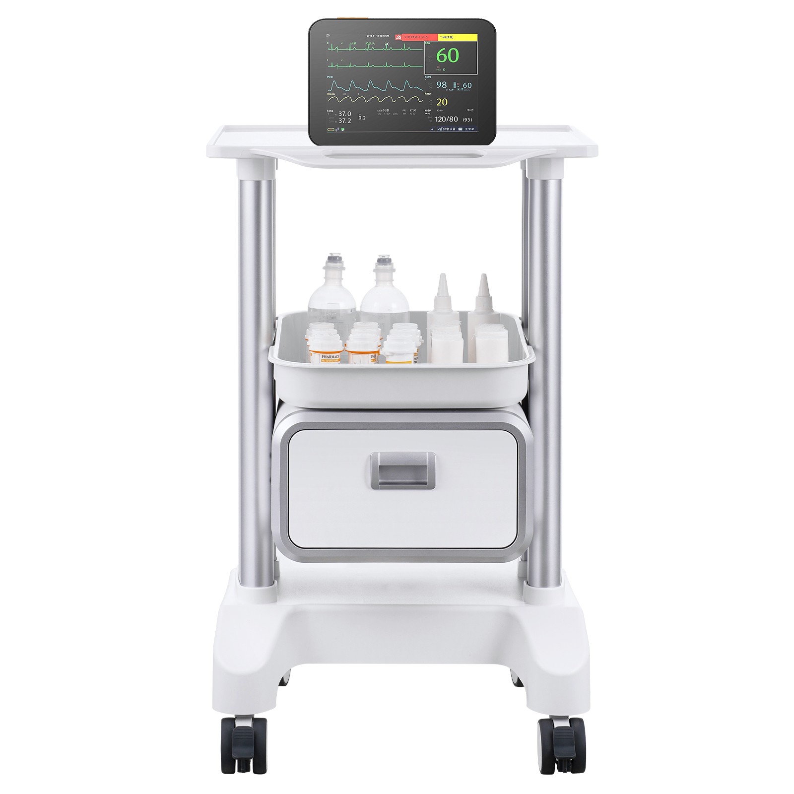 Uimoso 2 Tiers Lab Carts Mobile Medical Cart with 1 Drawer & 1 Top Tray White