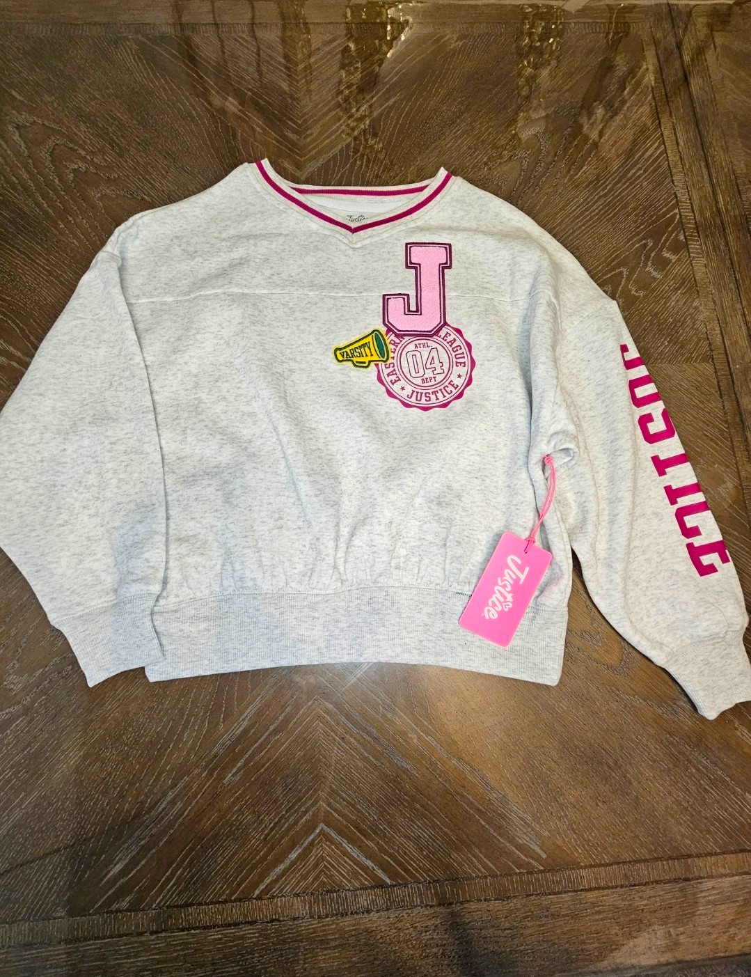 Justice Girls Gray/Pink V-Neck Pullover Sweatshirt Graphic Logo Print Sz S