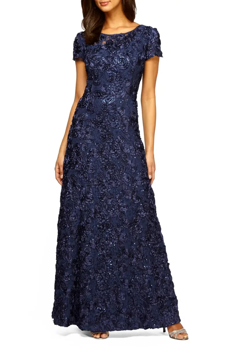 Alex Evenings Navy Blue Sequin Rosette Lace A-Line Gown Size 12 $269 Alex Evenings Navy Blue Sequin Rosette Lace A-Line Gown Size 12 $269