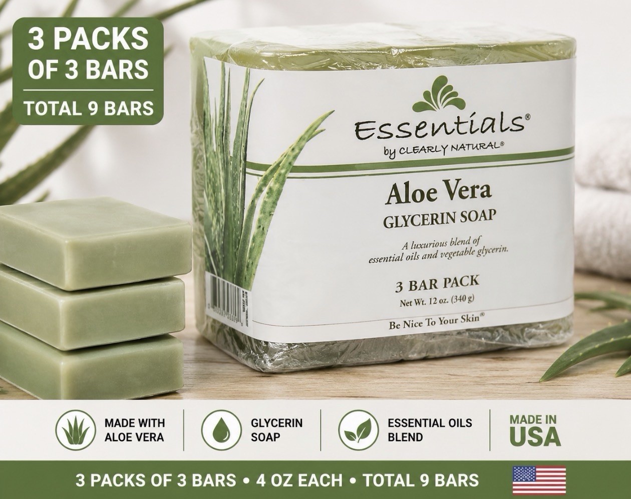 Clearly Natural Aloe Vera Glycerin Soap 9 Bars (3 Packs of 3) 4 oz Each USA