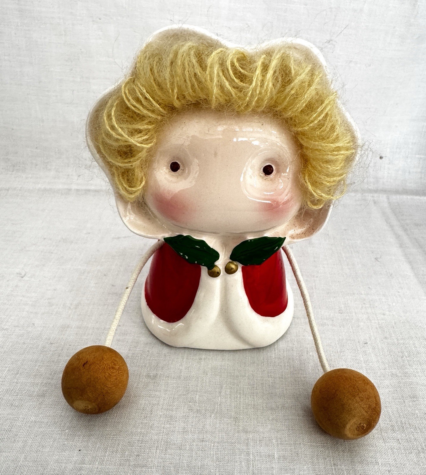 Vintage CMC Japan Ceramic Christmas Angel – Yarn Hair, Dangling Ball Arms