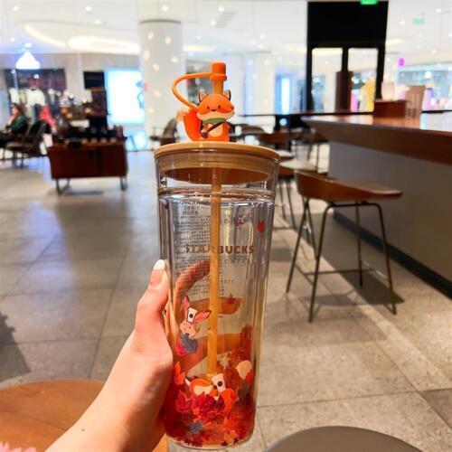 Starbucks Autumn Fox Maple Leaf Cup Tumbler Straw Double Glass Set Perfect Gift