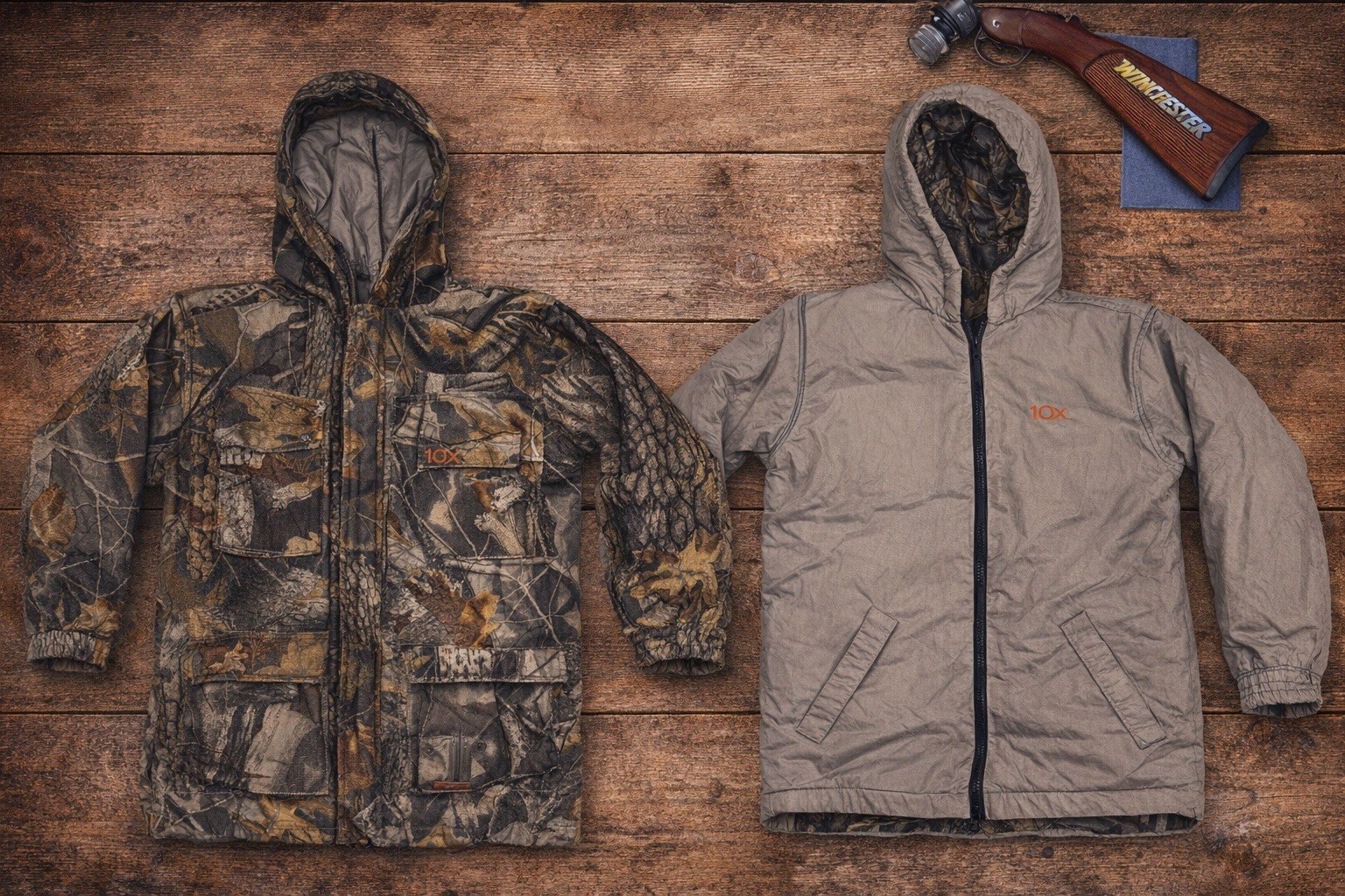 10X Youth Reversible Camo Hunting Jacket Gray Hooded Winter Deer Coat Sz 8/10 10X Youth Reversible Camo Hunting Jacket Gray Hooded Winter Deer Coat Sz 8/10