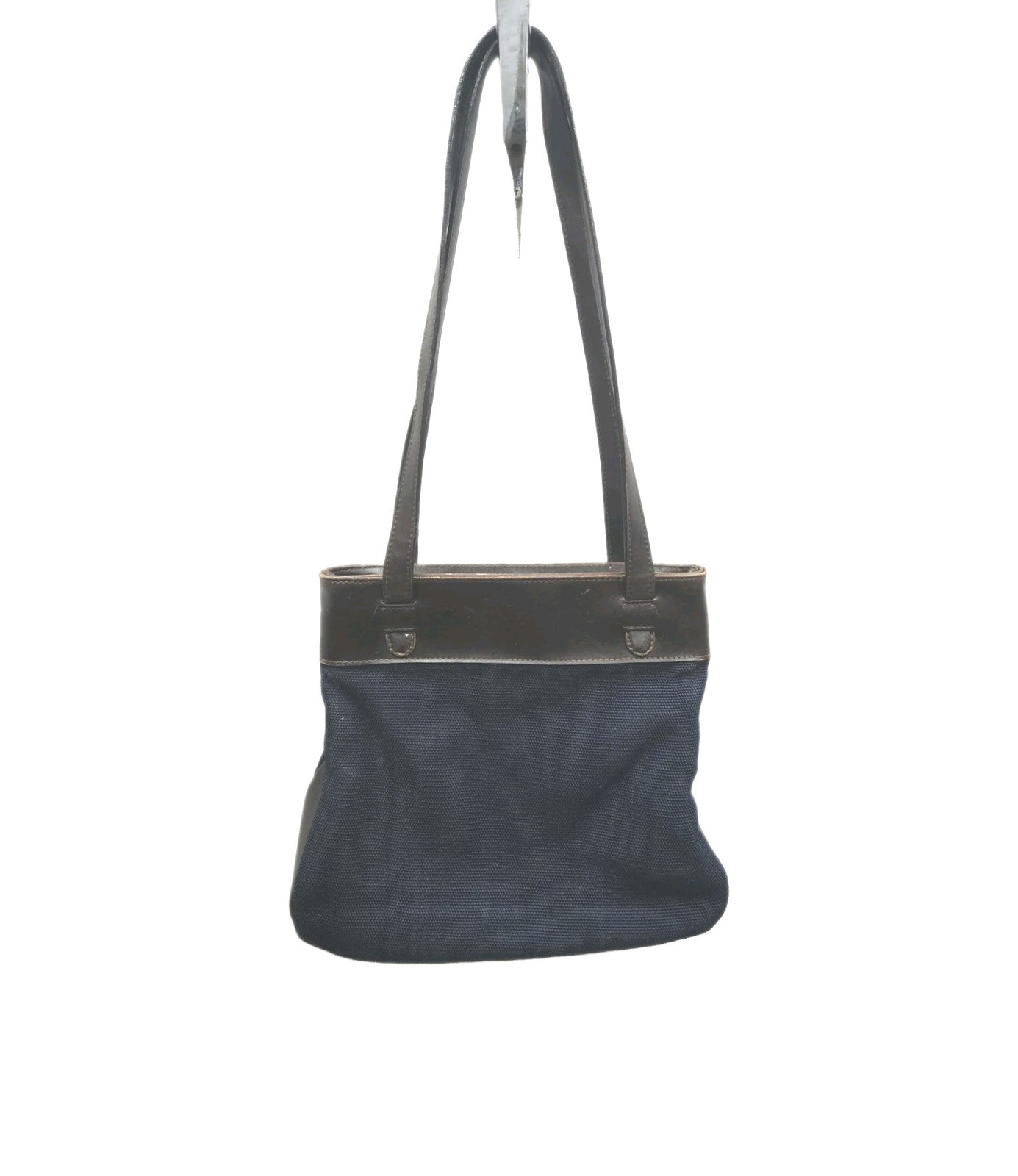 Woman Liz Claiborne Blue Canvas With Leather Trim Purse Pockets Liner Gold Zip Woman Liz Claiborne Blue Canvas With Leather Trim Purse Pockets Liner Gold Zip