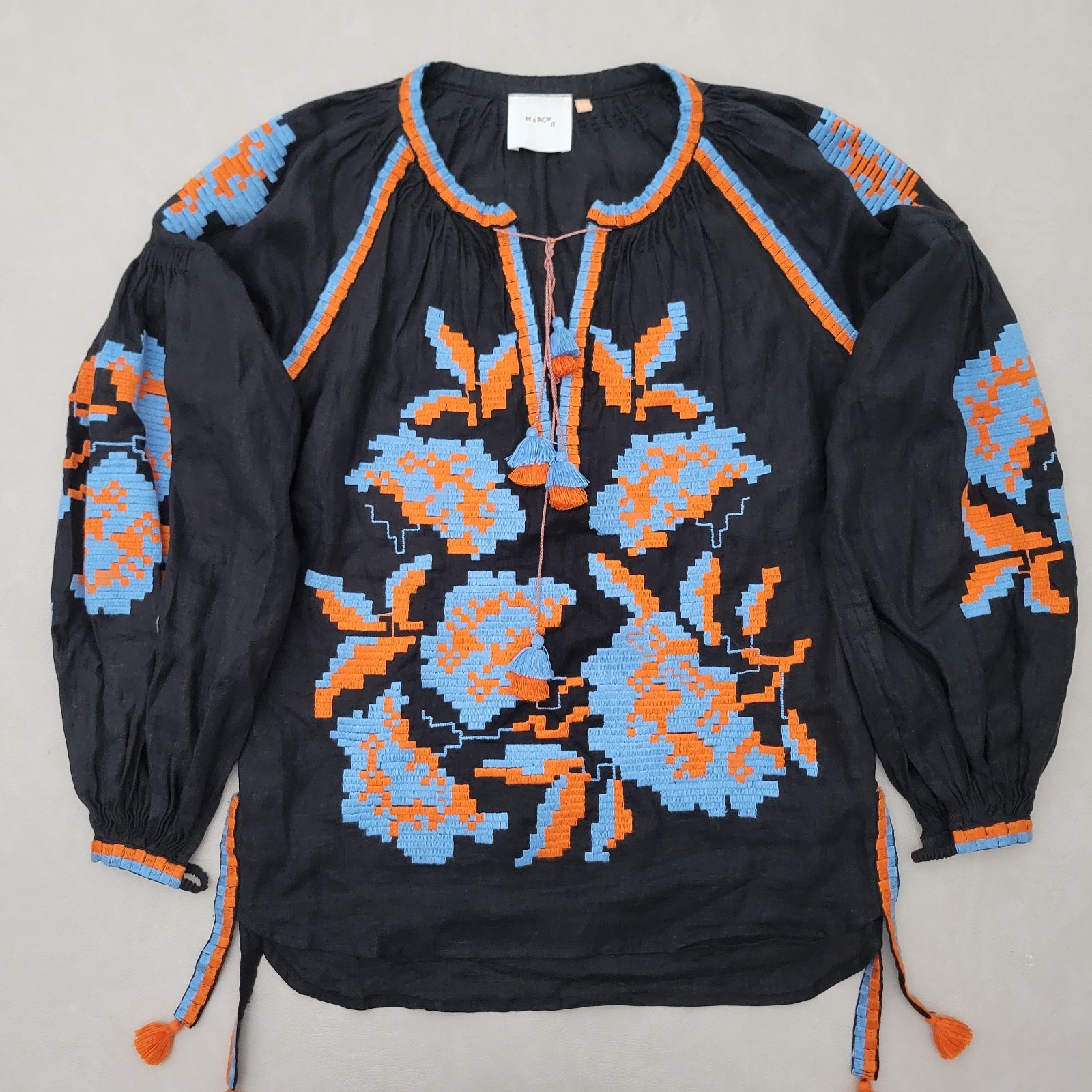 March 11 Embroidered Linen Blouse Small Boho Black Orange Tassel 