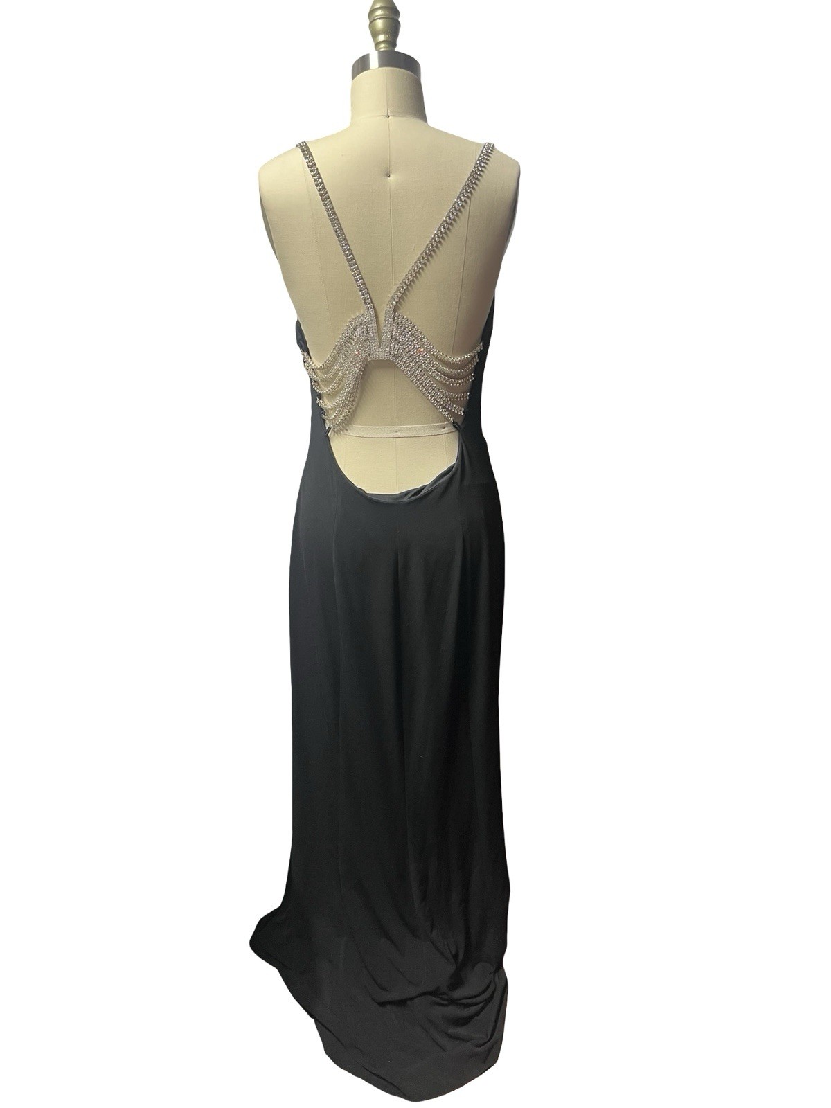 Y2K Cache Bodycon Slinky Maxi Dress Black Rhinestone Open Back Cocktail Party M