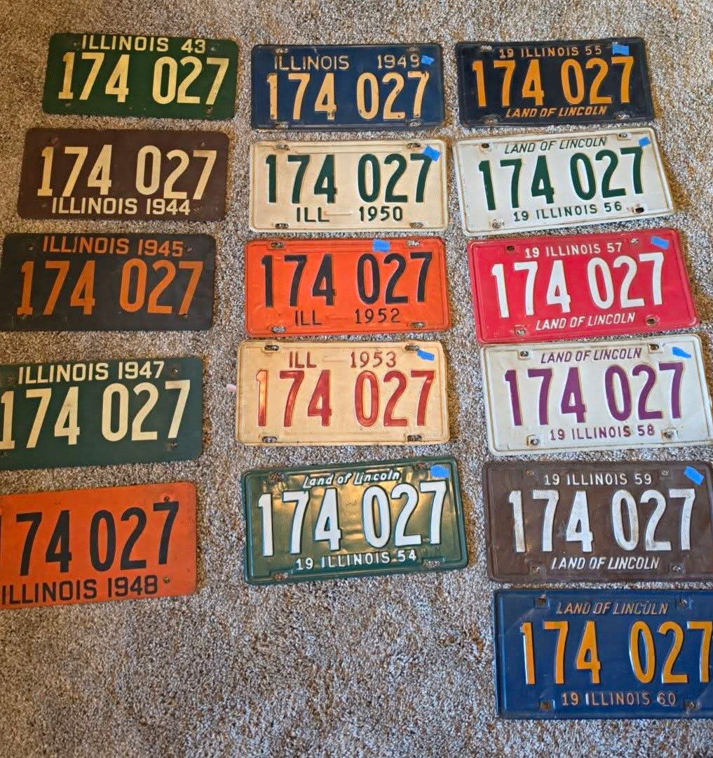16pc Vintage Illinois License Plates Same Number 174027 1943-1960 Collection 16pc Vintage Illinois License Plates Same Number 174027 1943-1960 Collection