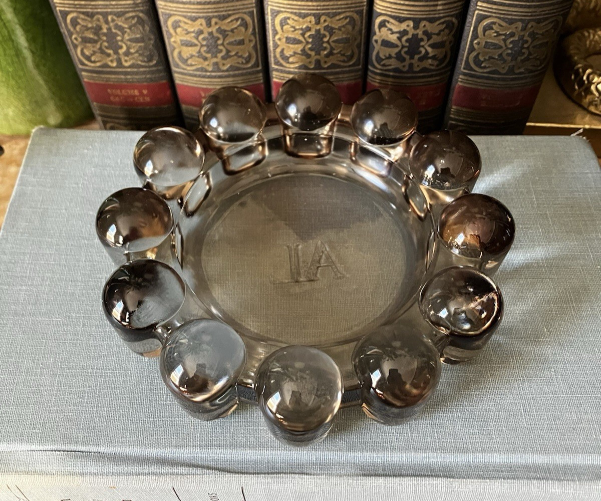 Vintage Anchor Hocking Nova Boopie Glass Ashtray Smoky Grey Monogram AL Trinket