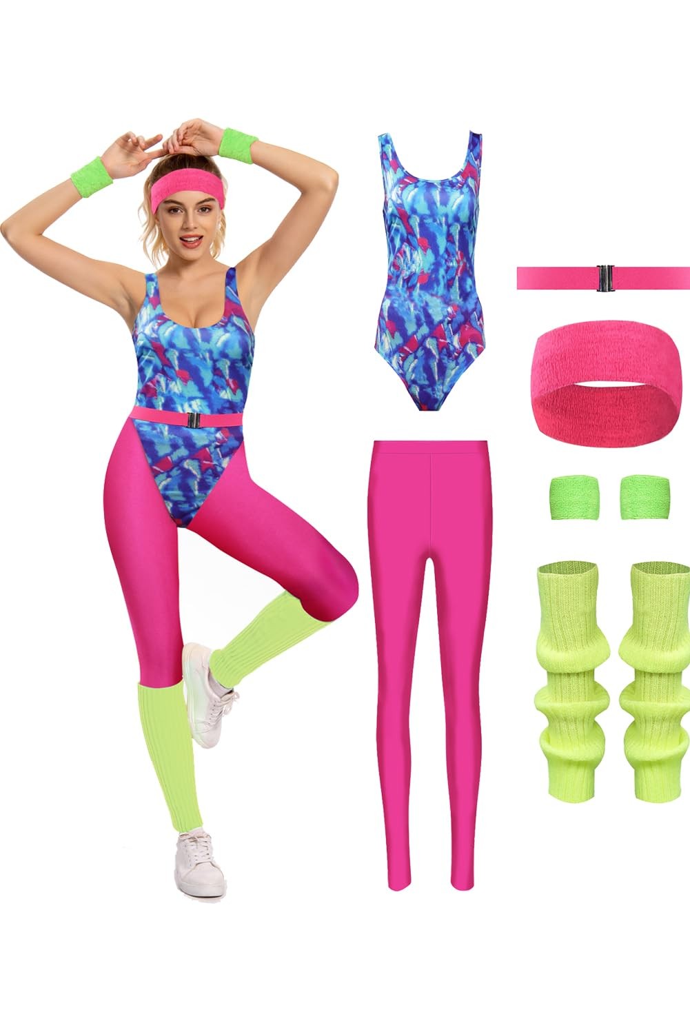 MASSWO 80s Workout Outfit Women 90s Aerobics Costume Retro Yoga Small, Pink
