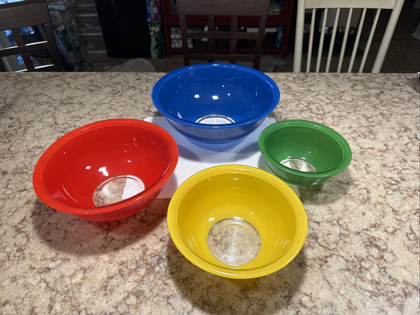 Vtg PYREX Primary Colors Nesting Clear Bottom Mixing Bowls 80's USA Color Block