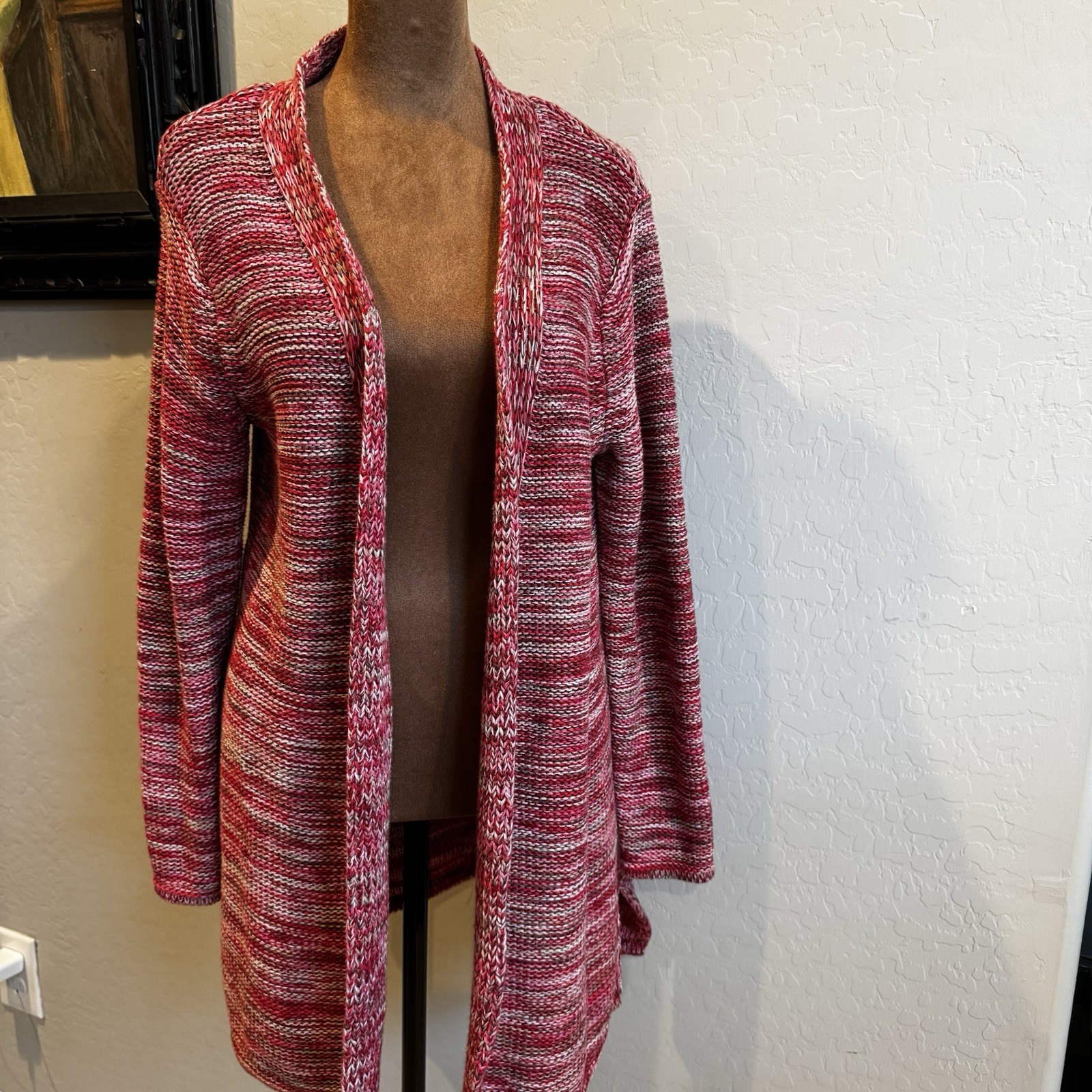 J. Jill Women\'s Midi Red/Pink/Tan Marled Open Cardigan Med Petite