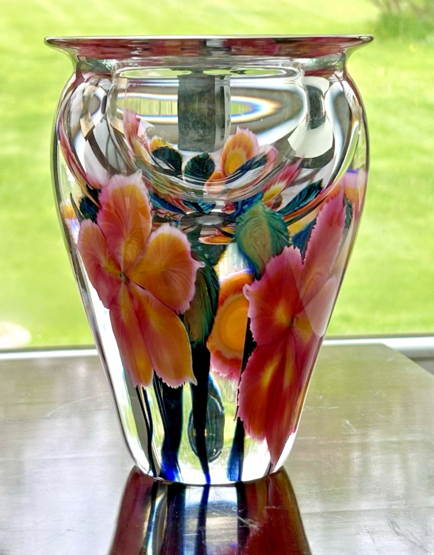 DAVID LOTTON HAND BLOWN ART GLASS VASE-STYLIZED FLOWERS & FOLIAGE-CA:2000-SIGNED