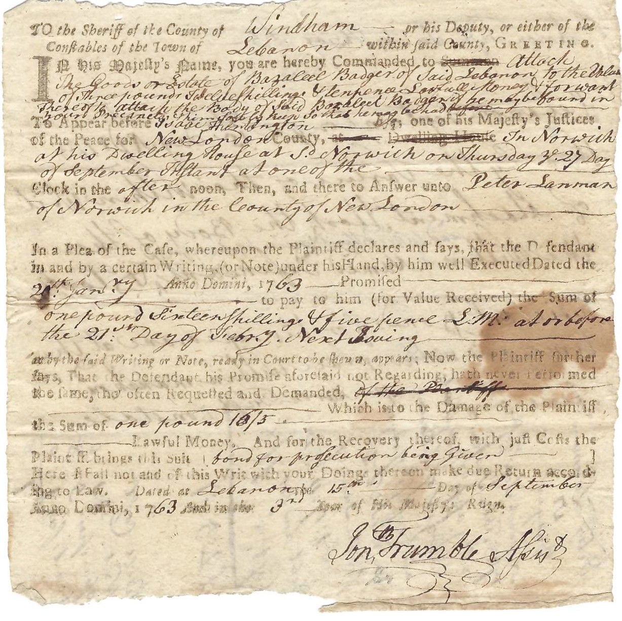 George Washington Advisor, Last Colonel Governor Of CT, Trumbull, Signs Document