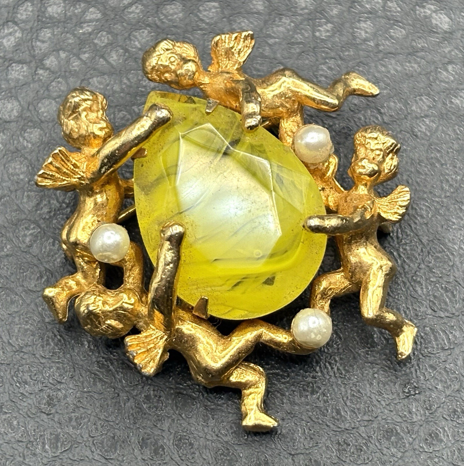 Vintage Jeanne Brooch Cherub Angel Marbled Swirl Yellow Rhinestone Nouveau Style