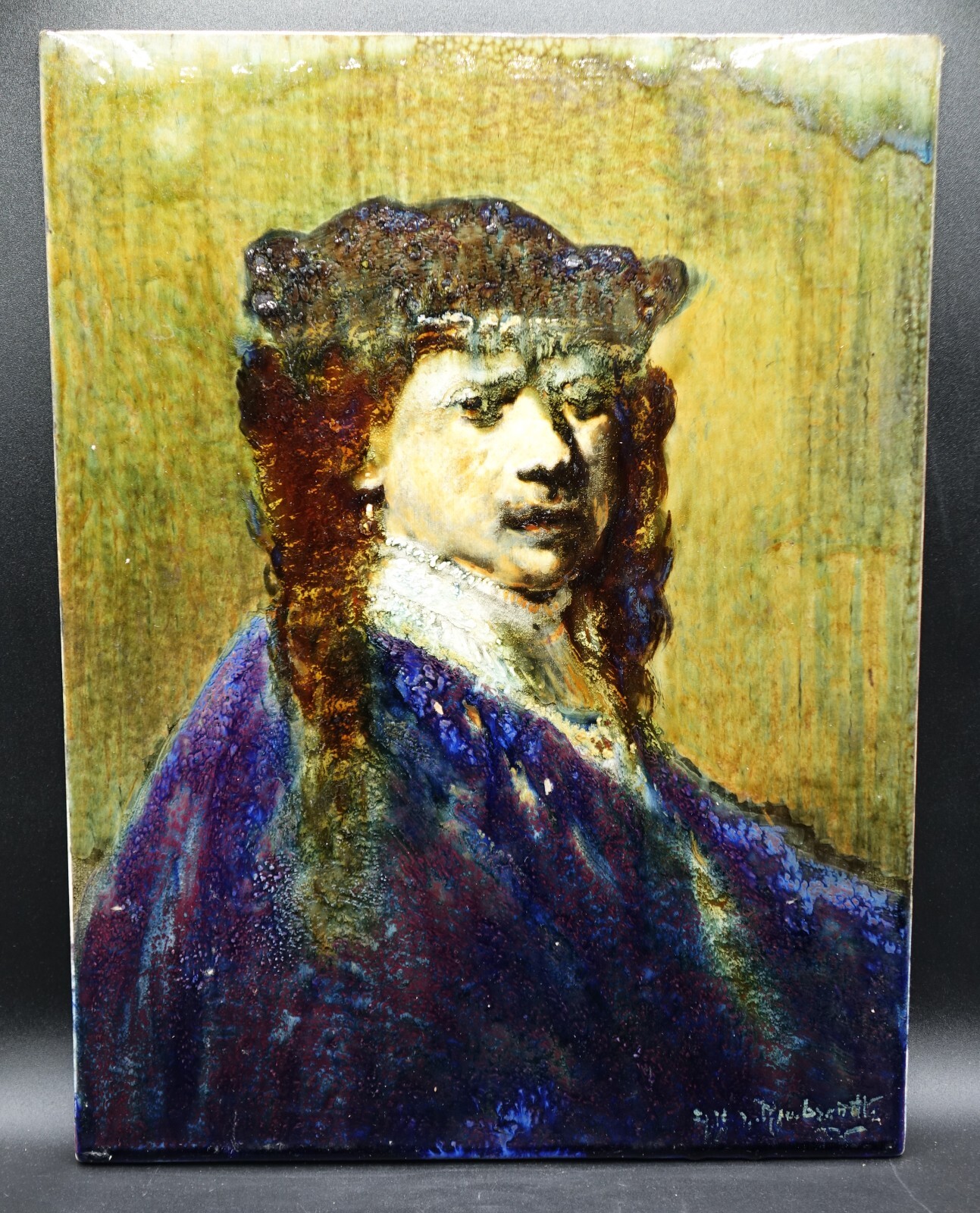 Gouda Zuid Holland Rembrandt Modern Style Self Portrait Porcelain Plaque ca 1930