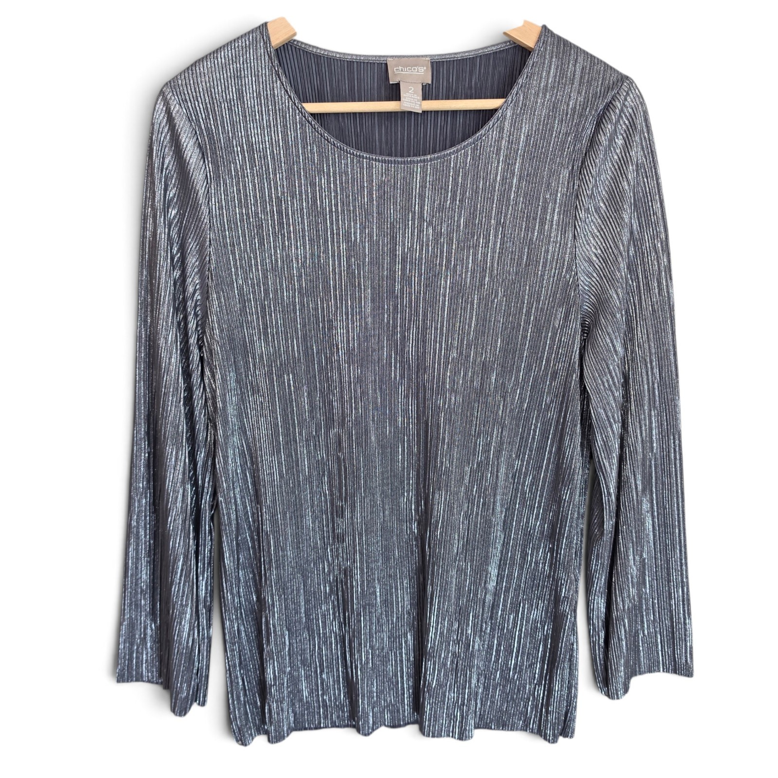 Chicos Metallic Pleated Top Womens 2 Large L Silver Shimmer Ribbed Blouse 3/4 LS
