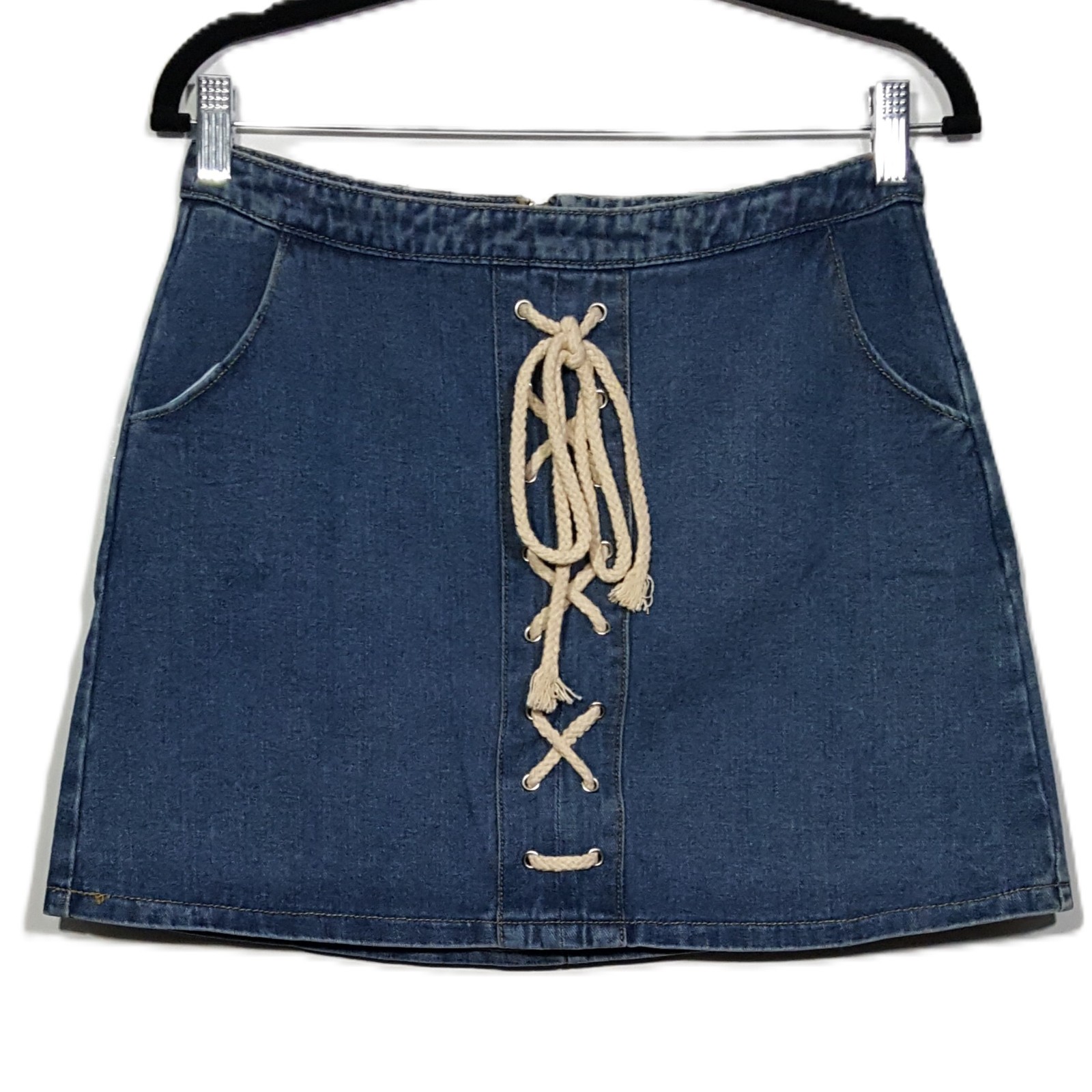 Sadie & Sage Fab\'rik Blue Denim Jean Skirt Sz Medium Mini Rope Zip Pkts Hipster