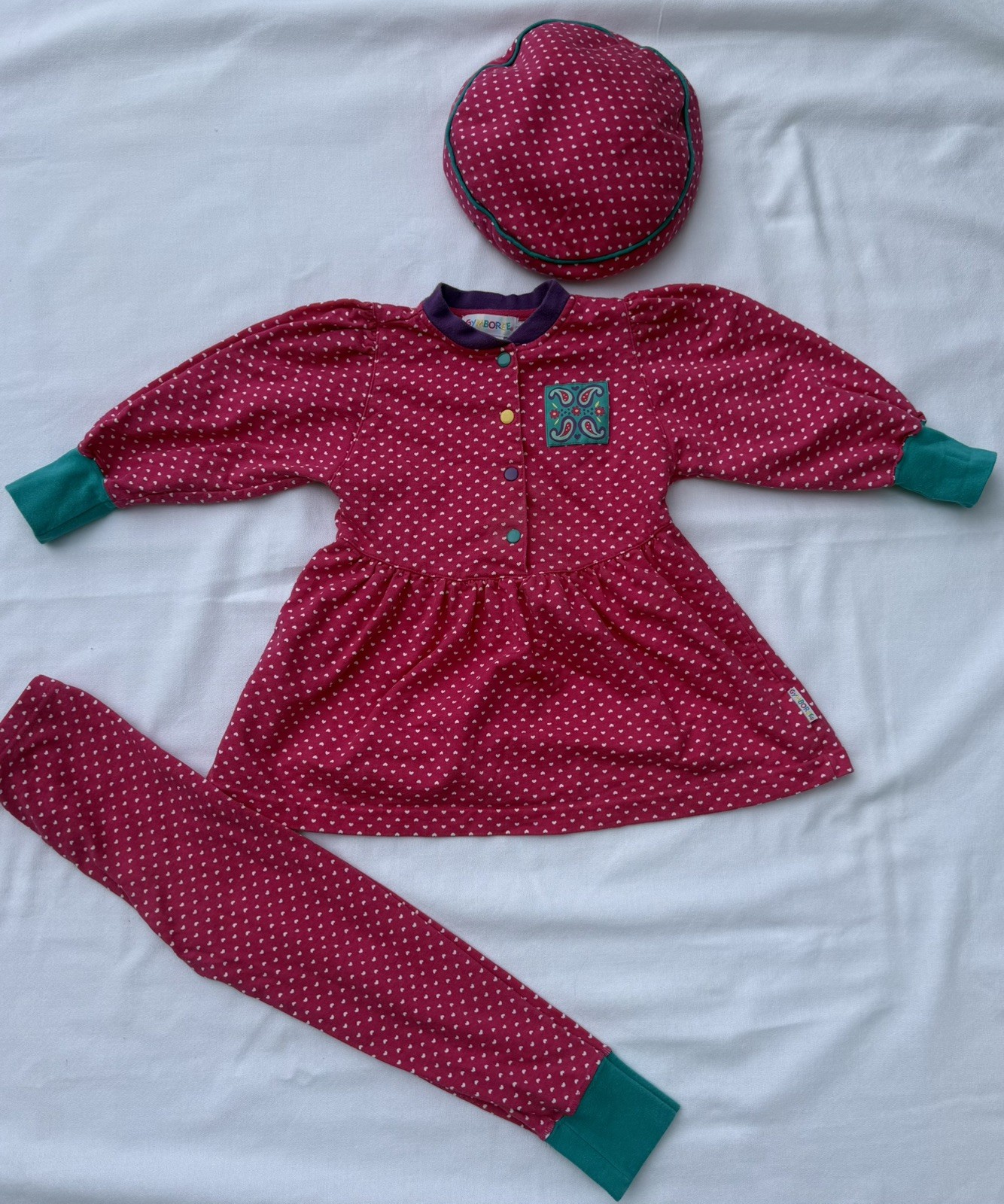 VTG 1993 Gymboree, Open hearts 3 pc Dress Legging,hat set  rainbow tag S/M