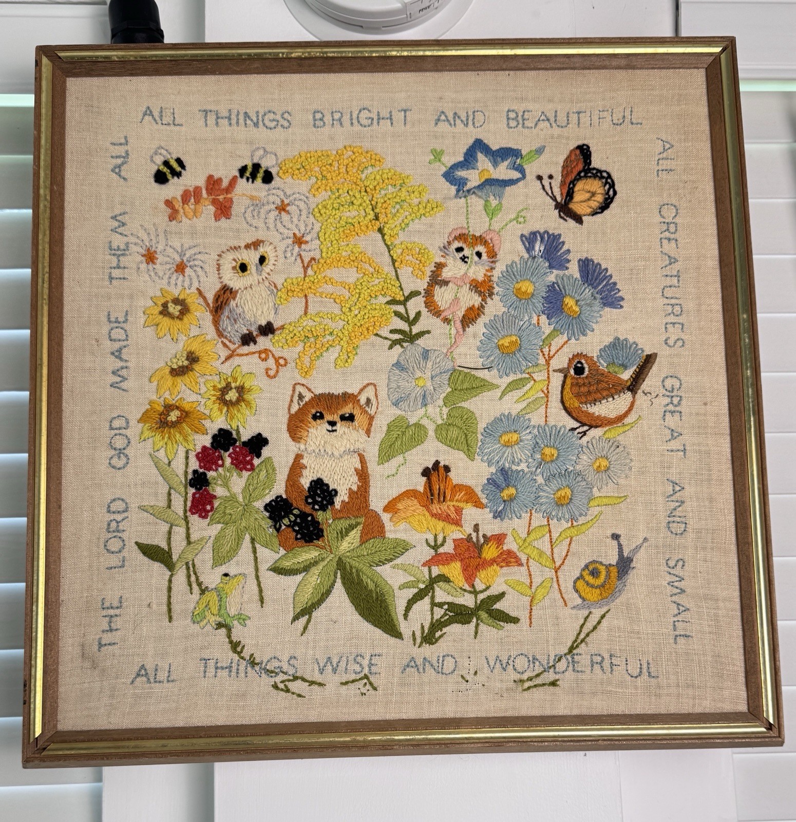 Vintage Erica Wilson Finished Needlepoint Framed Canvas Art Cottage Core 70s