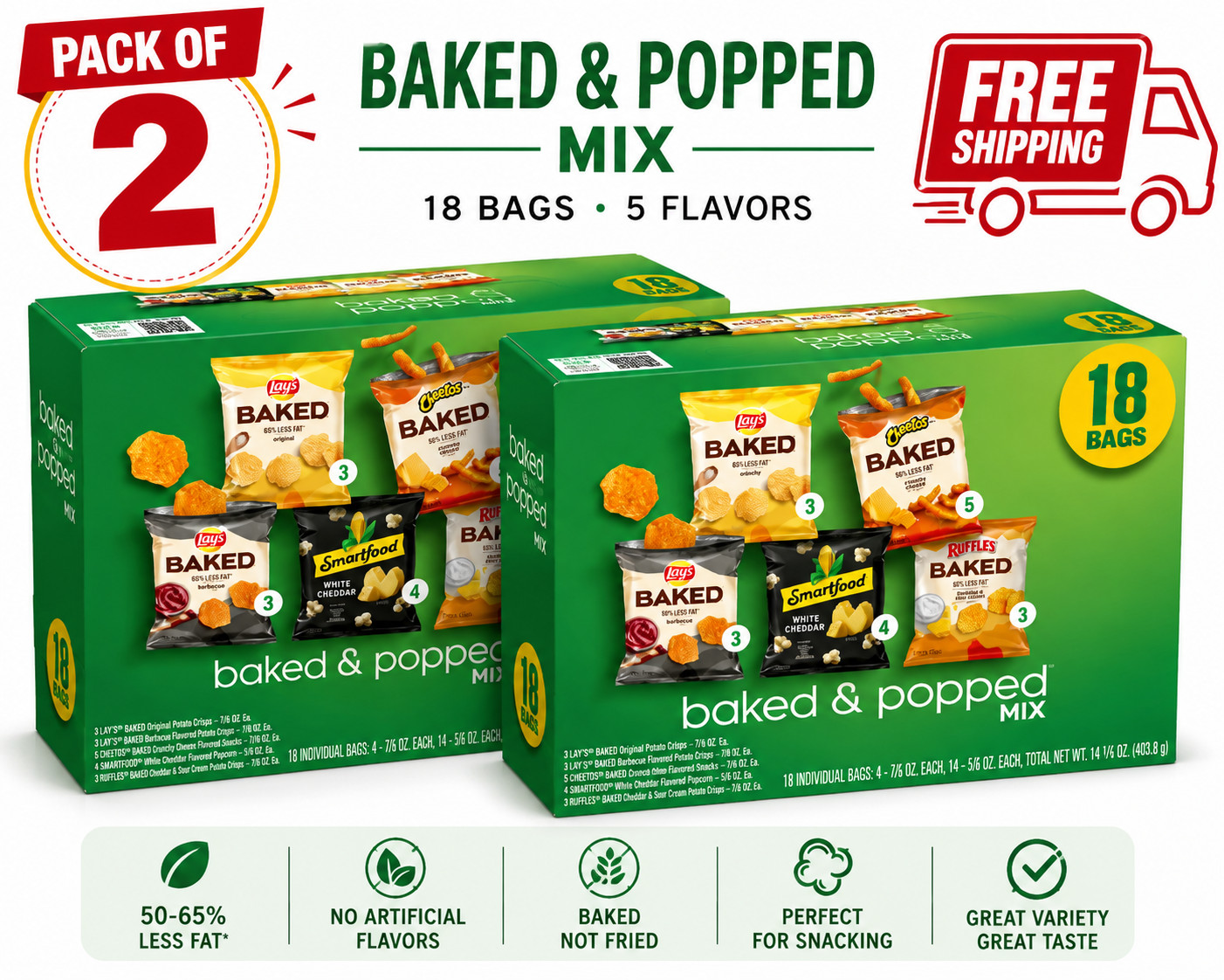Frito-Lay Baked and Popped Mix Variety Pack Snack Chips, 36 Count Multipack