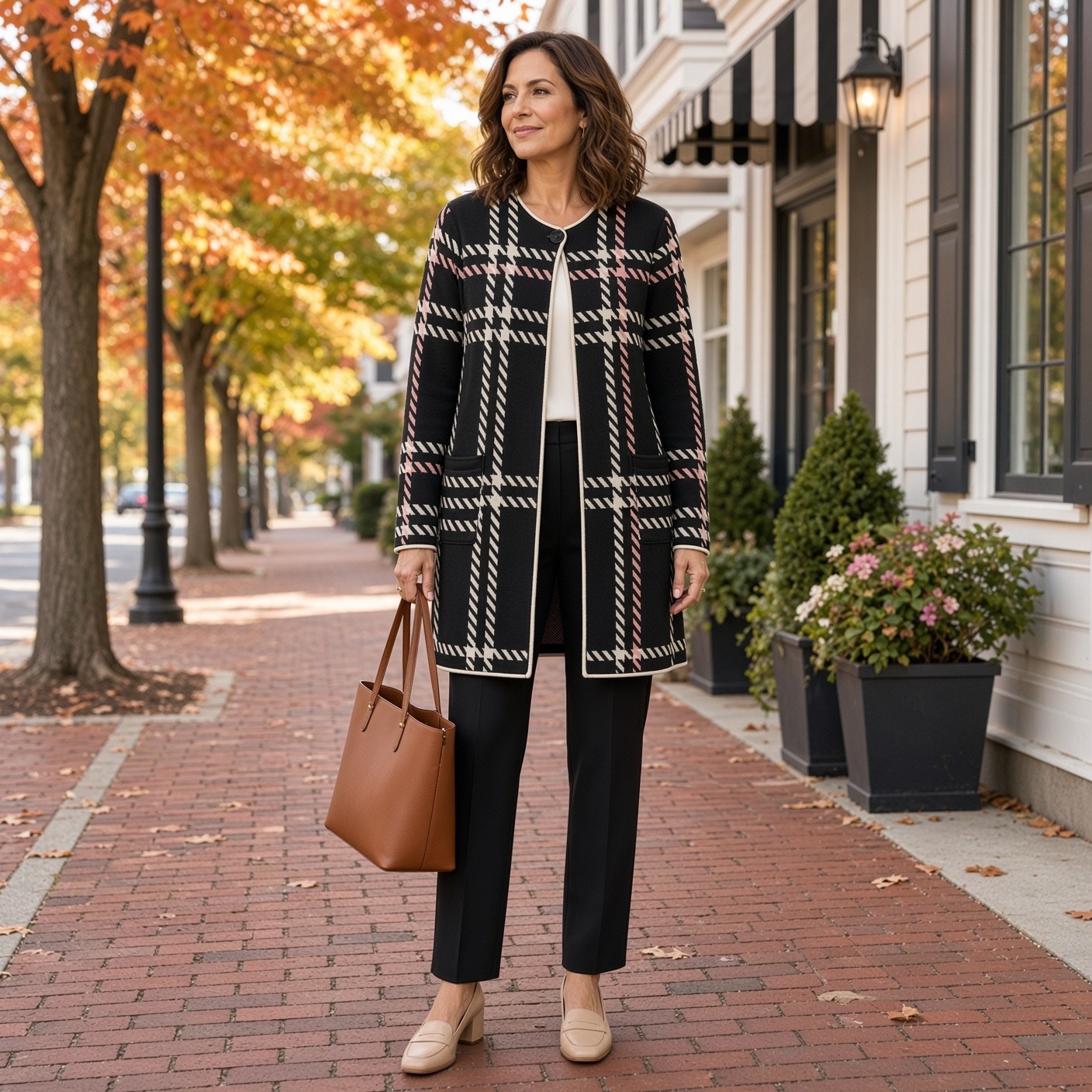 Talbots Petites longline Plaid Sweater knit Jacket Black Pink Windowpane Size MP