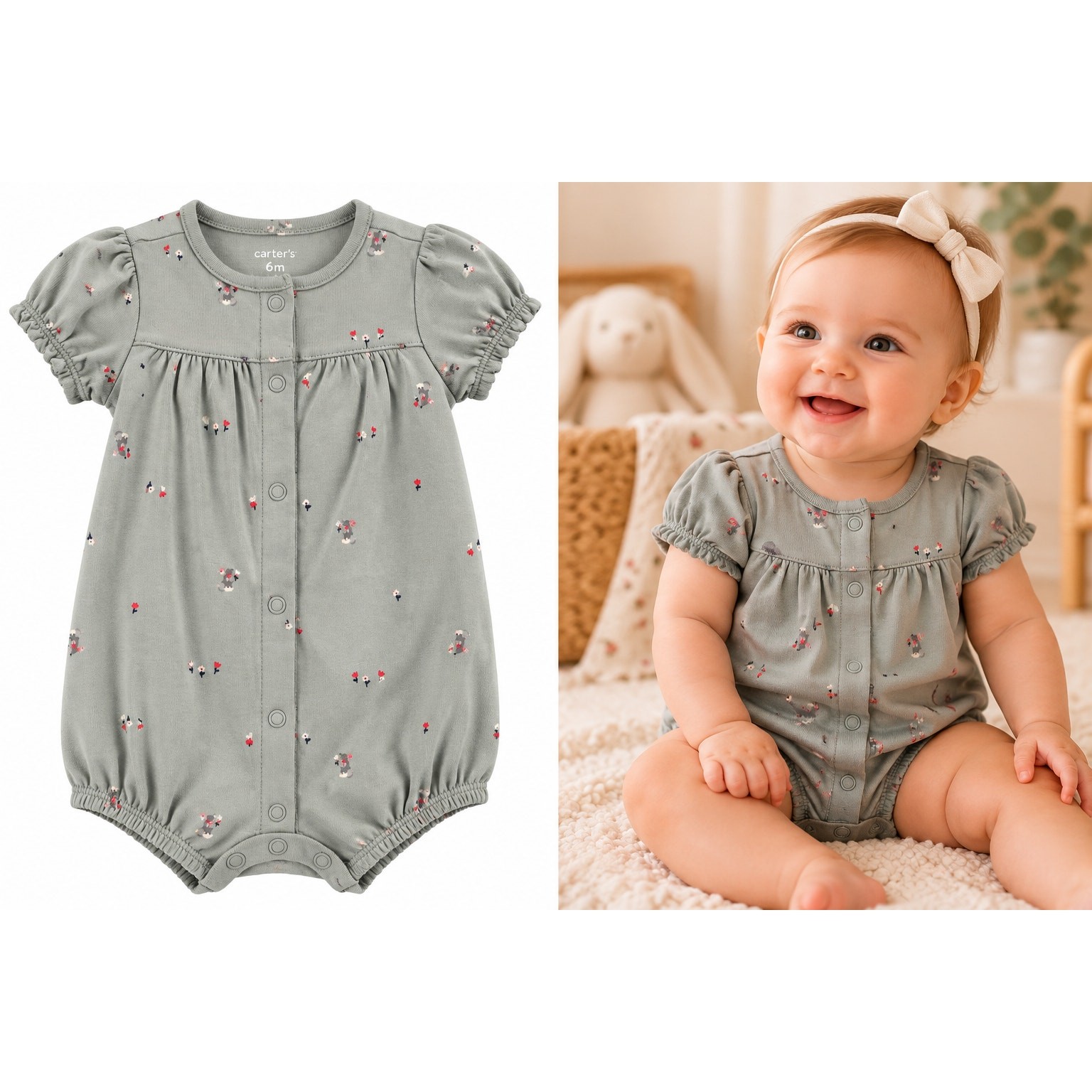 NWT Carter’s Baby Girl 6M Sage Floral Puff Sleeve Snap-Up Romper