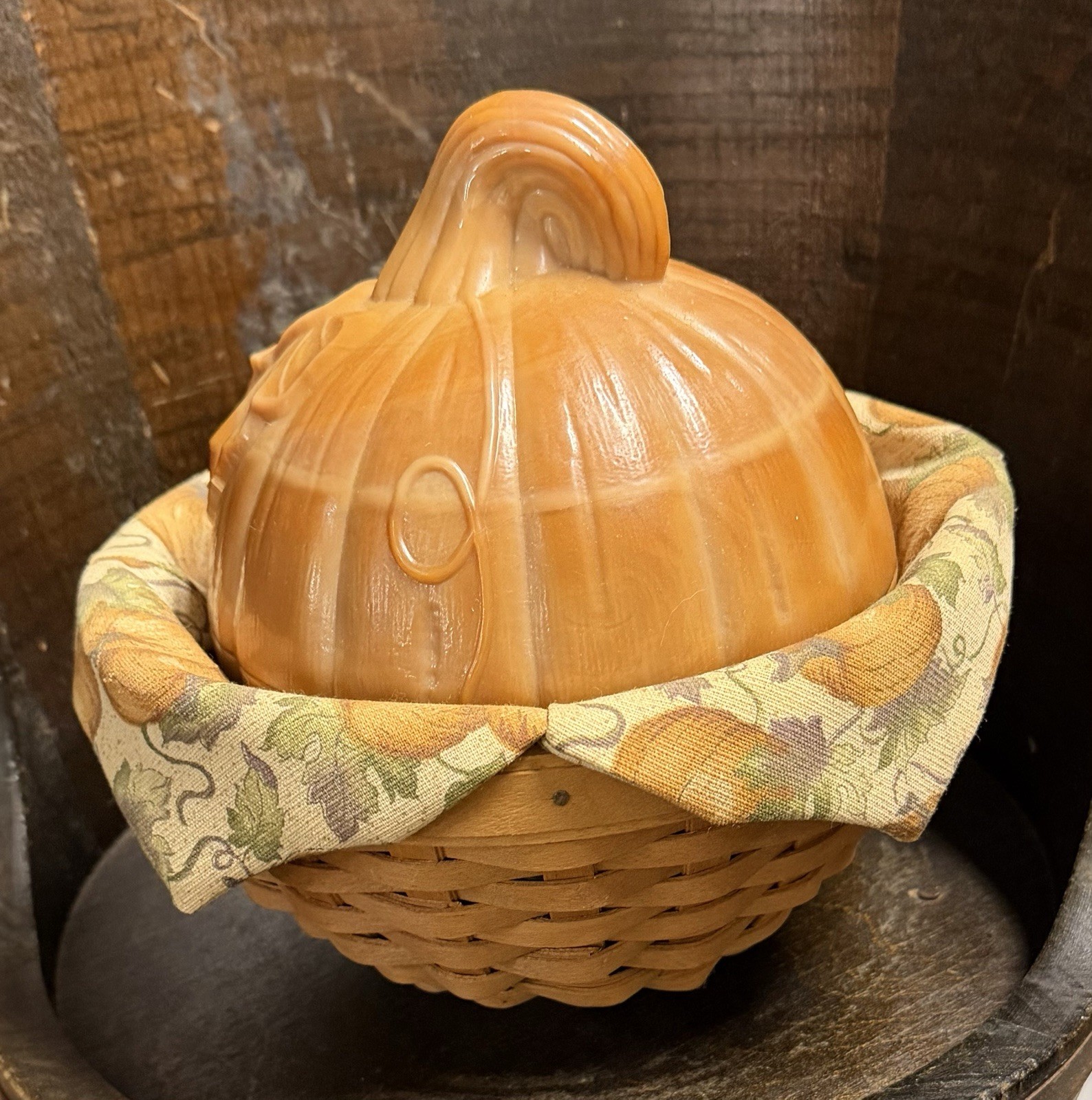Vintage Longaberger Pottery Milk Glass Pumpkin Dish With Basket & Liner