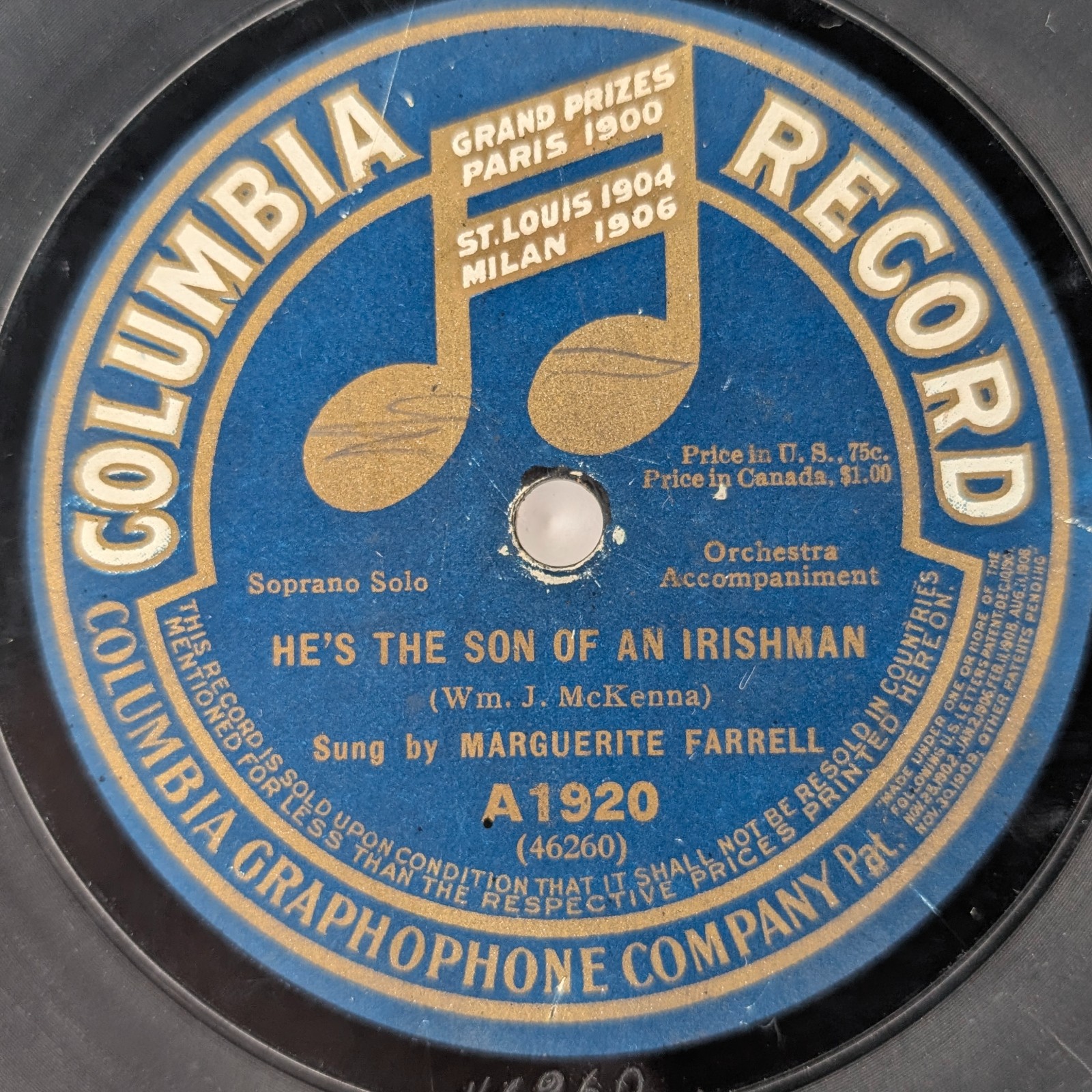 1910s Marguerite Farrell Columbia 78 RPM Son of Irishman / Rocky Road Irish Pop 1910s Marguerite Farrell Columbia 78 RPM Son of Irishman / Rocky Road Irish Pop