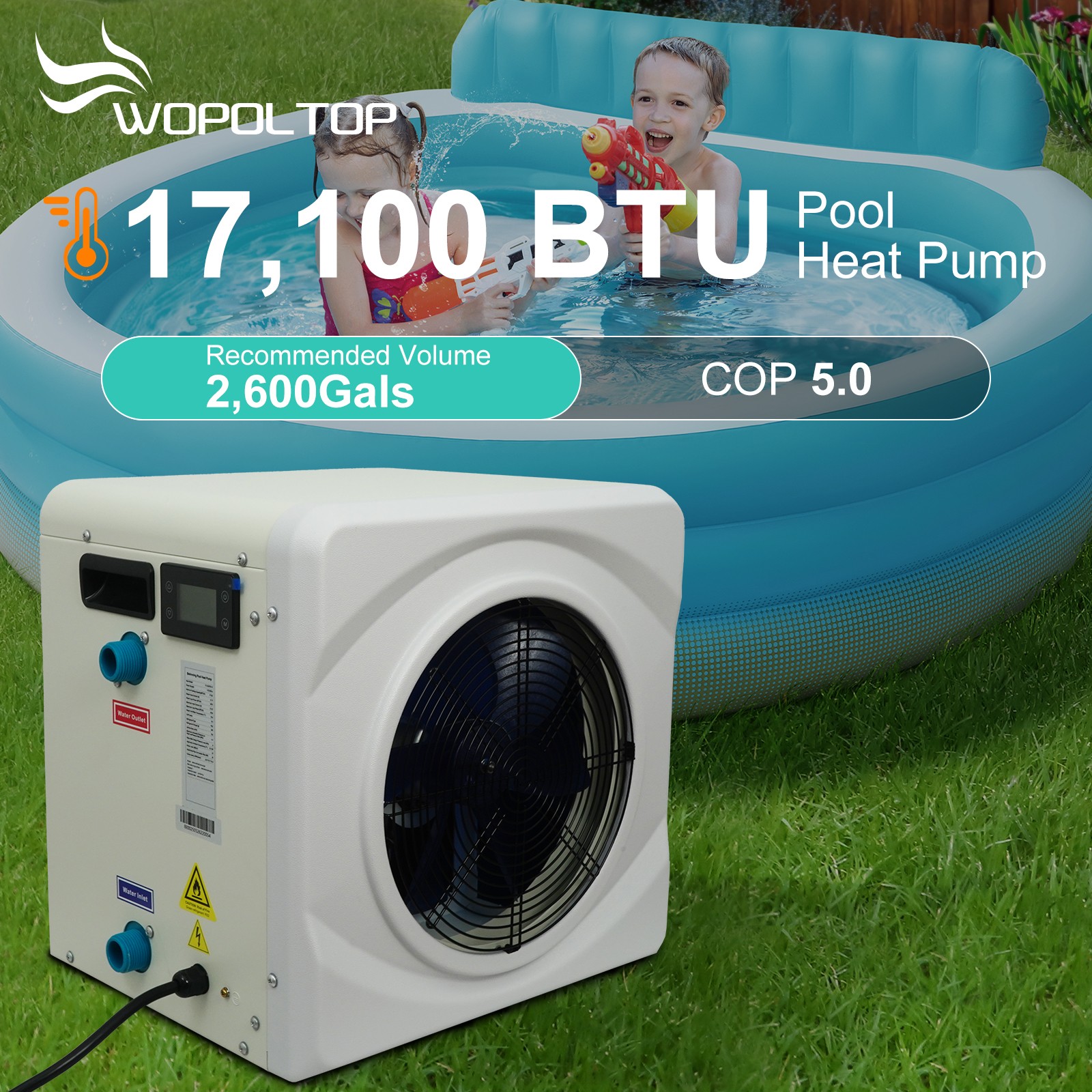 WOPOLTOP 17,100 BTU Swimming Pool Heat Pump for Pools up to 2,600 Gallons 115V