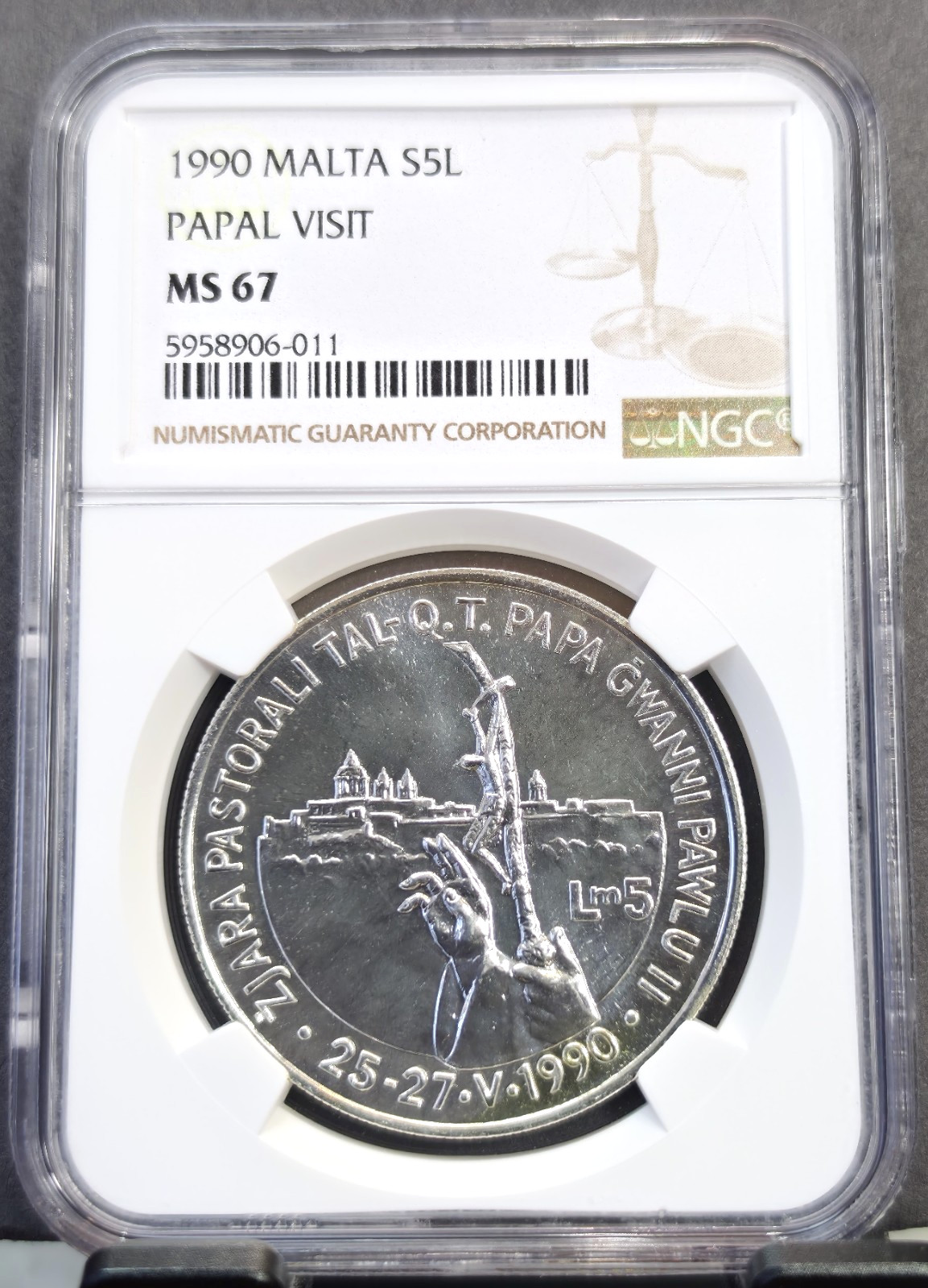 1990 MALTA SILVER 5 POUNDS PAPAL VISIT NGC MS 67 RARE LOW MINTAGE TOP POP 2 1990 MALTA SILVER 5 POUNDS PAPAL VISIT NGC MS 67 RARE LOW MINTAGE TOP POP 2