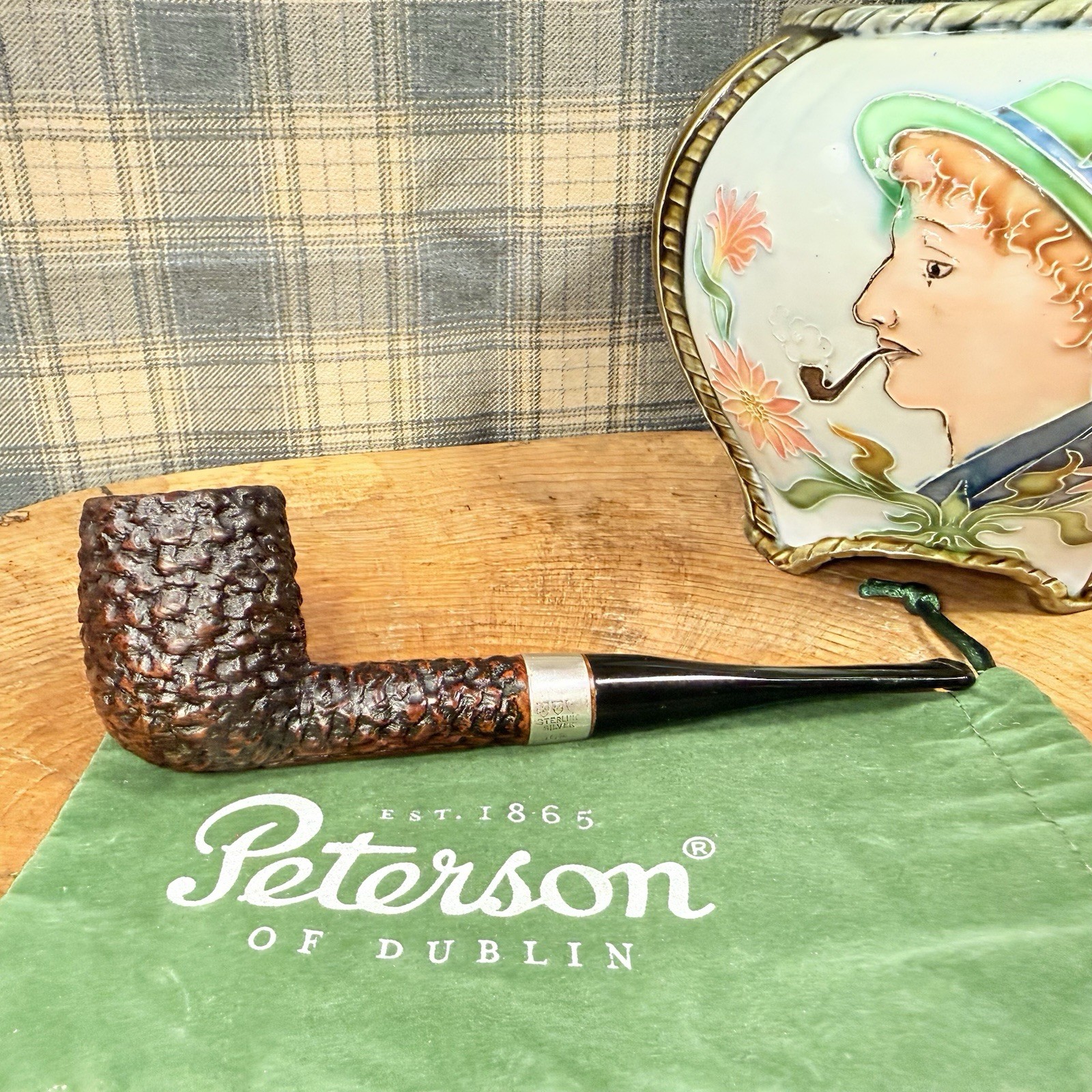 K&P Petersons Sterling Silver 1975 Donegal Rocky Briar Estate Tobacco Pipe &Sock