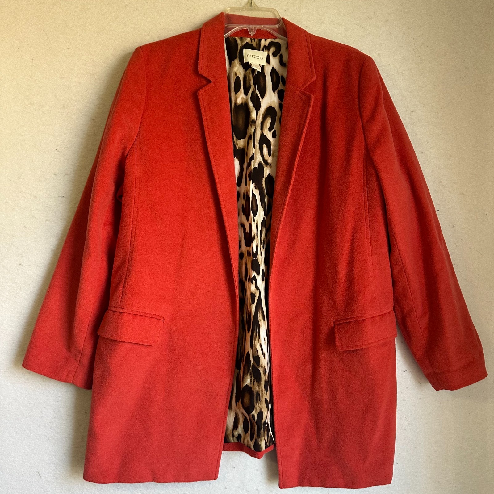 Chicos Red Orange Open Front Blazer Jacket Leopard Print Lining Sz 1 (10) career Chicos Red Orange Open Front Blazer Jacket Leopard Print Lining Sz 1 (10) career
