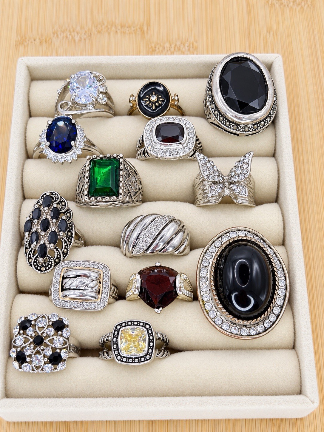 Lot of 14 Vintage Silver Tone Cocktail Rings | Gemstones Signed Monet Avon