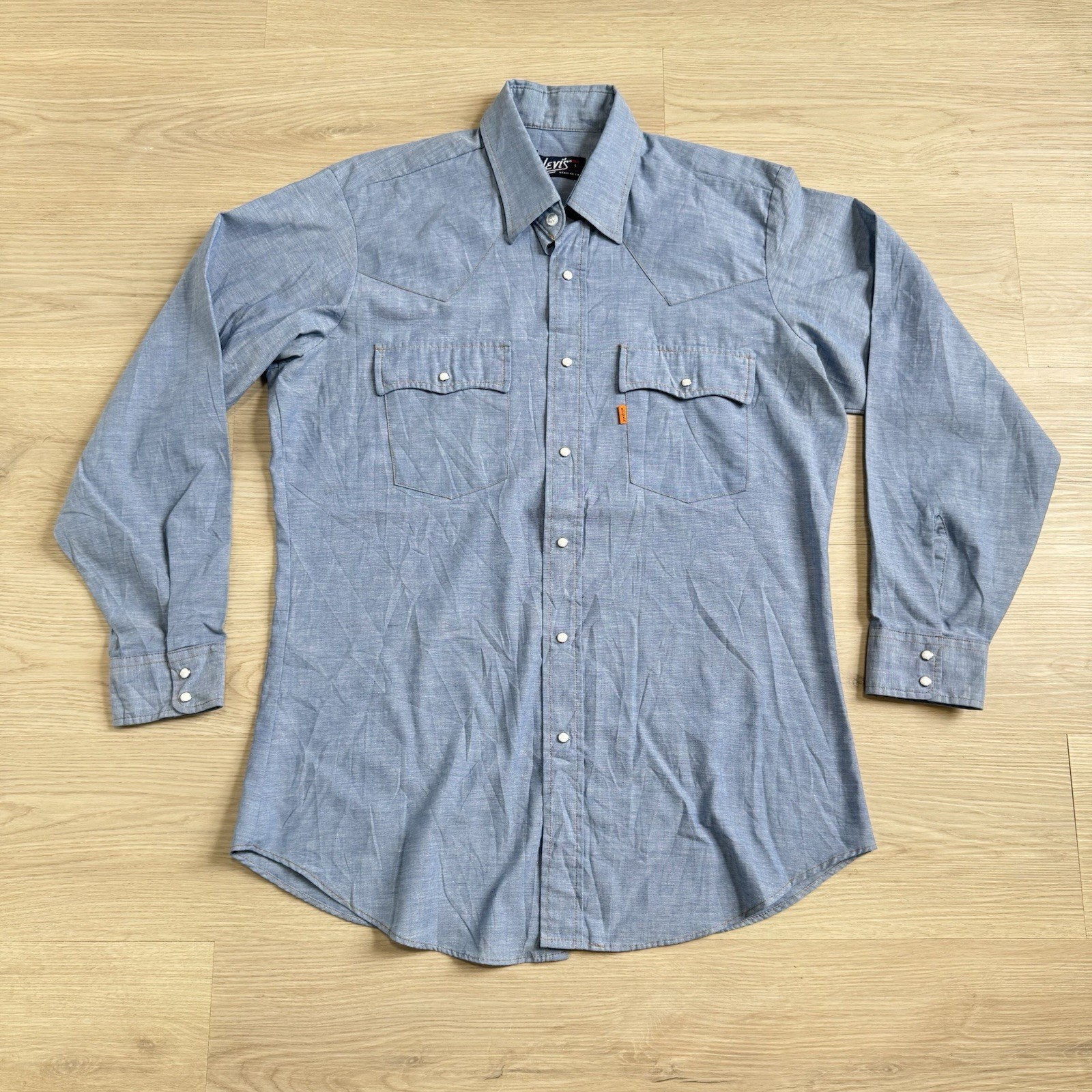 Vtg 70s Levi\'s Orange Tab Chambray Stone Snap Western Shirt Sky Blue Large