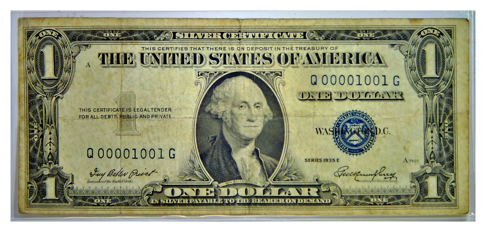 1935 E US One Dollar Silver Certificate Circulated $1 Binary Serial Q00001001G