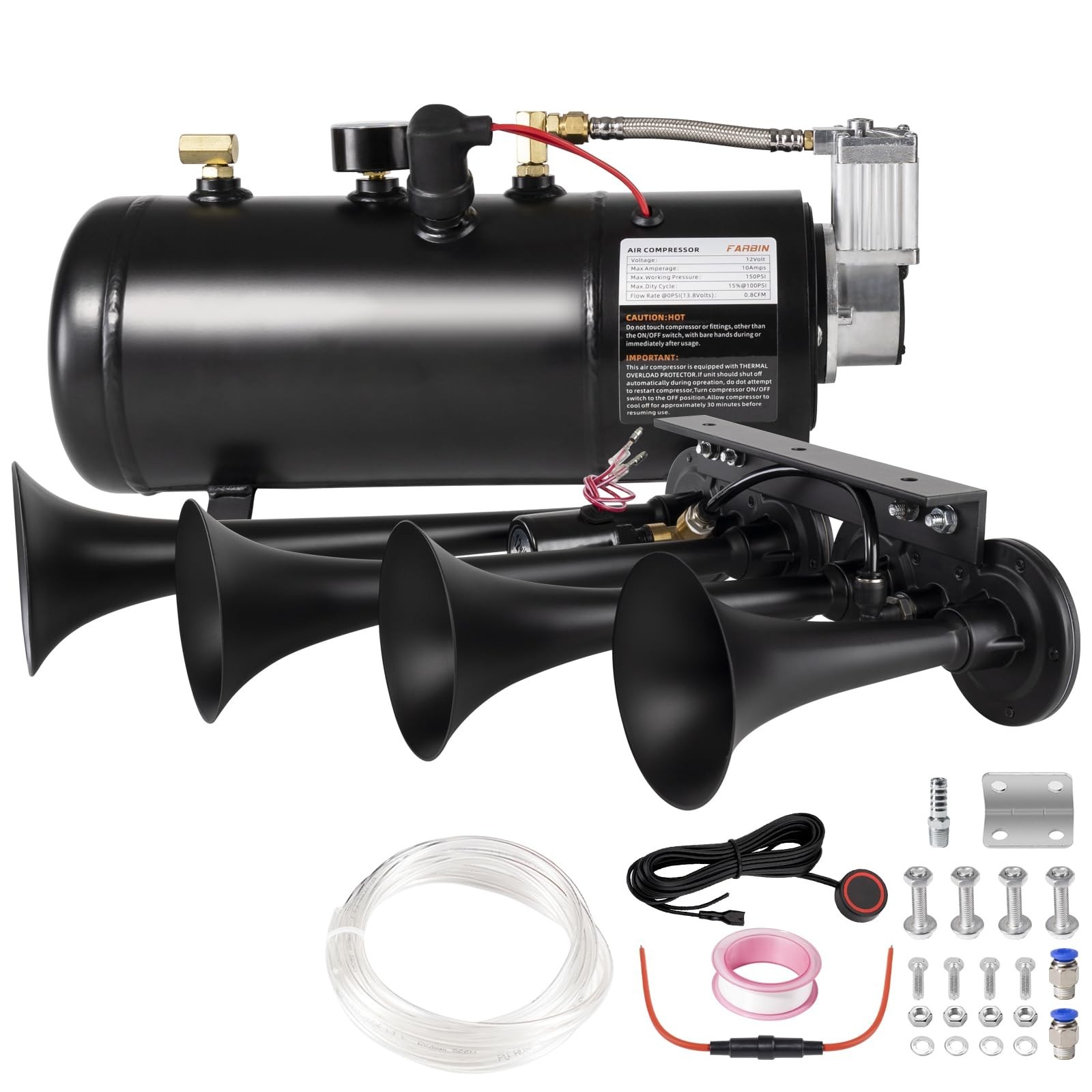 Super Loud Train Horns Kit,180dB Four Trumpet Truck Horns with 150 PSI Air Ta...