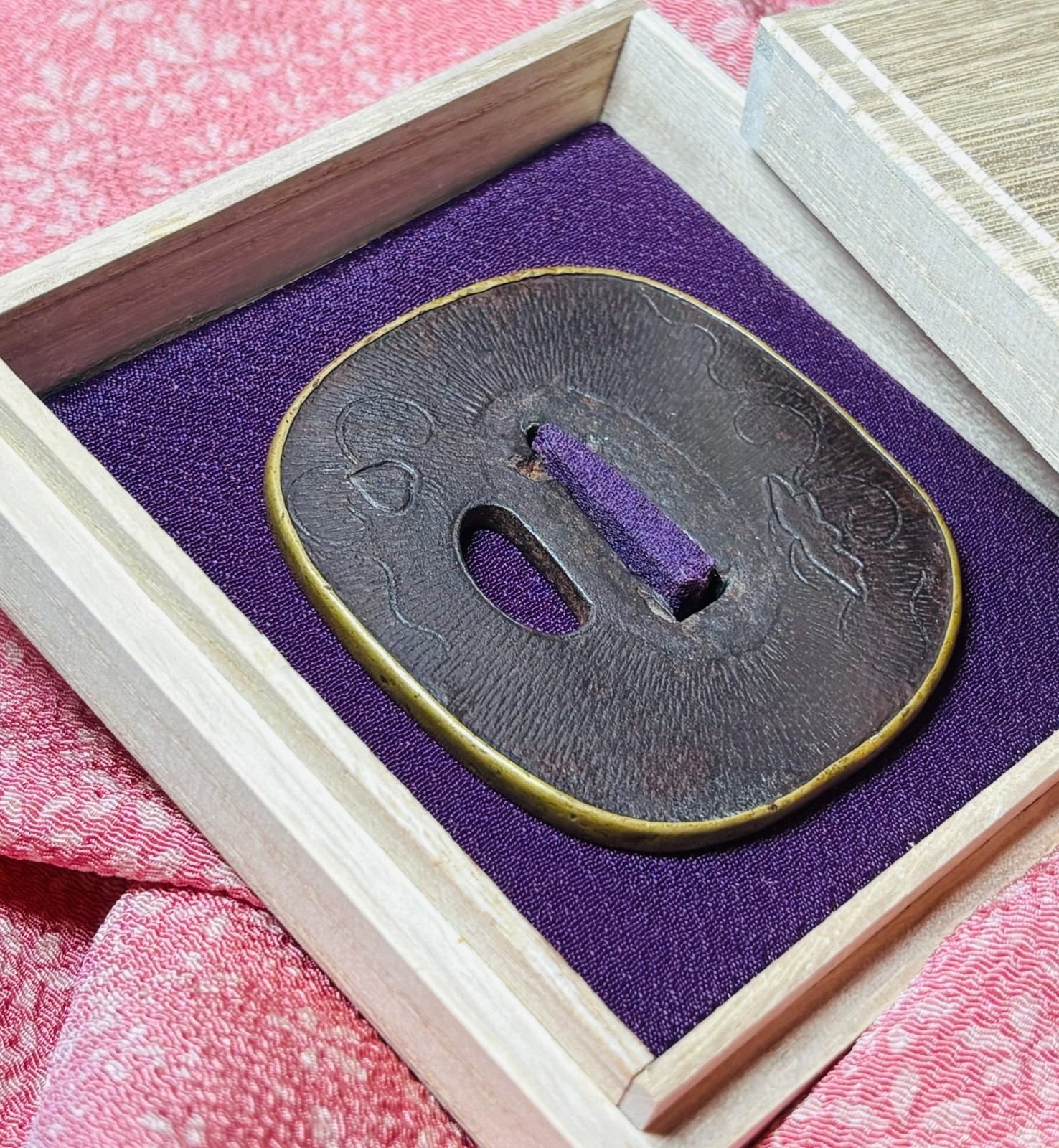 Antique Japanese Iron Tsuba Gourd Plant Motif Brass Rim Mumei Kiri Box