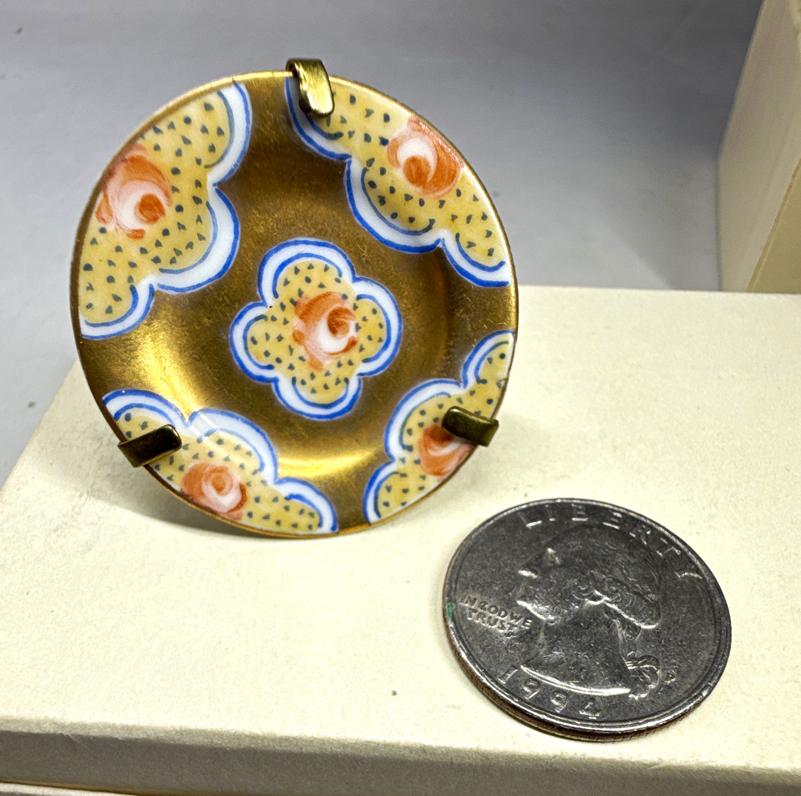 Vintage Limoges Miniature Porcelain Plate Brass Stand Hand Painted Gold Floral