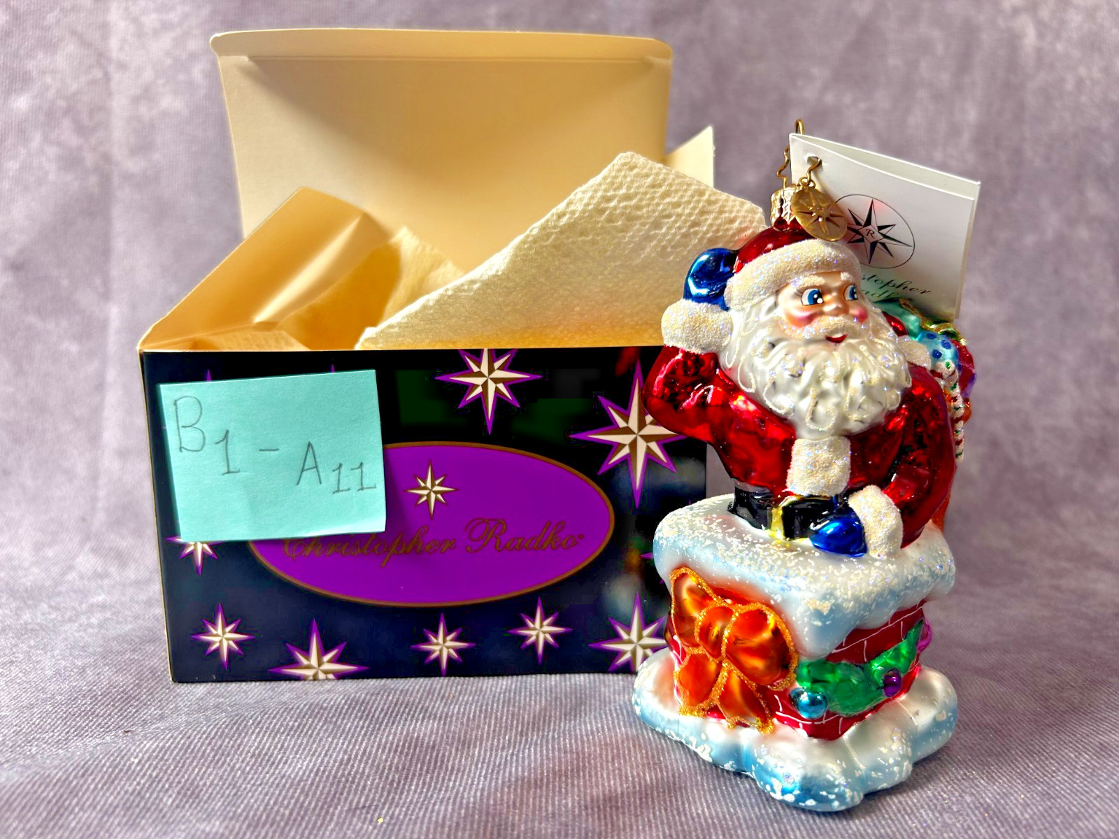 NIB Pristine Vintage Christopher Radko Down The Chimney Santa Glass Ornament NWT