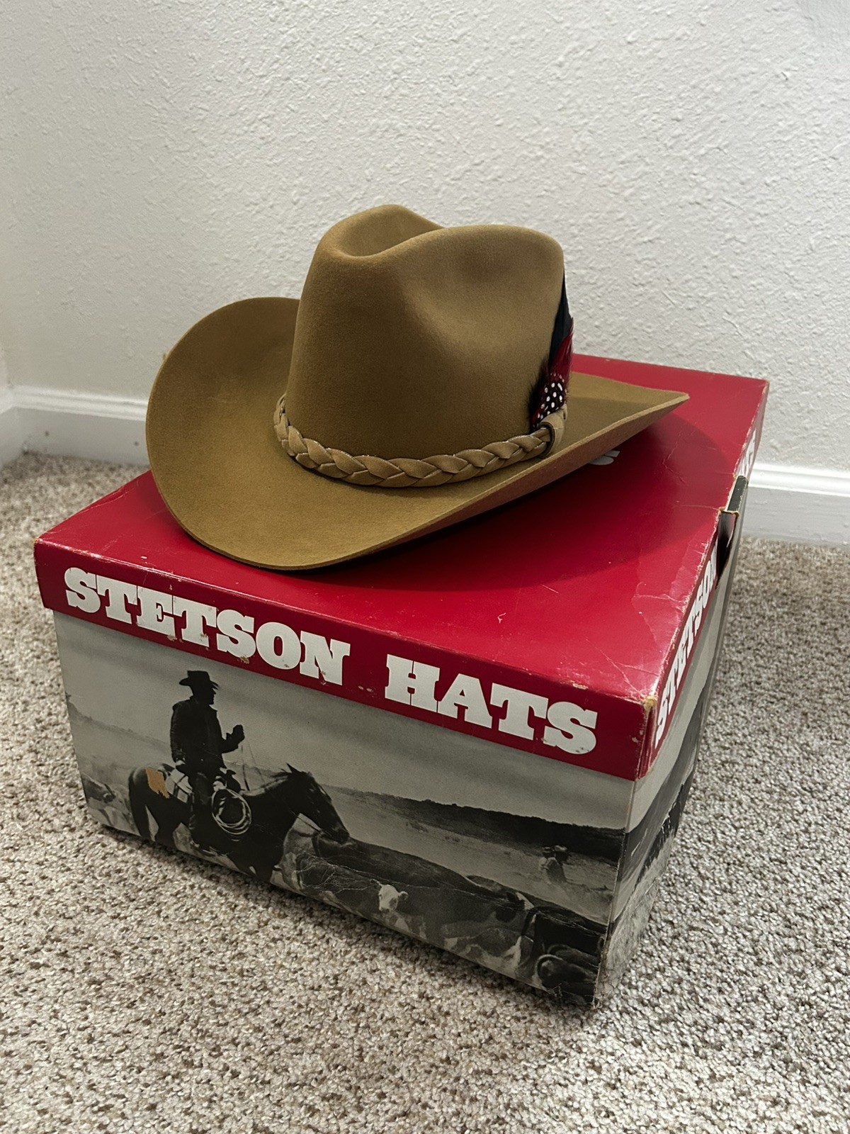 Vintage John B Stetson 4X Beaver Western Cowboy Hat Beige Sz 6 7/8 Braided Strap