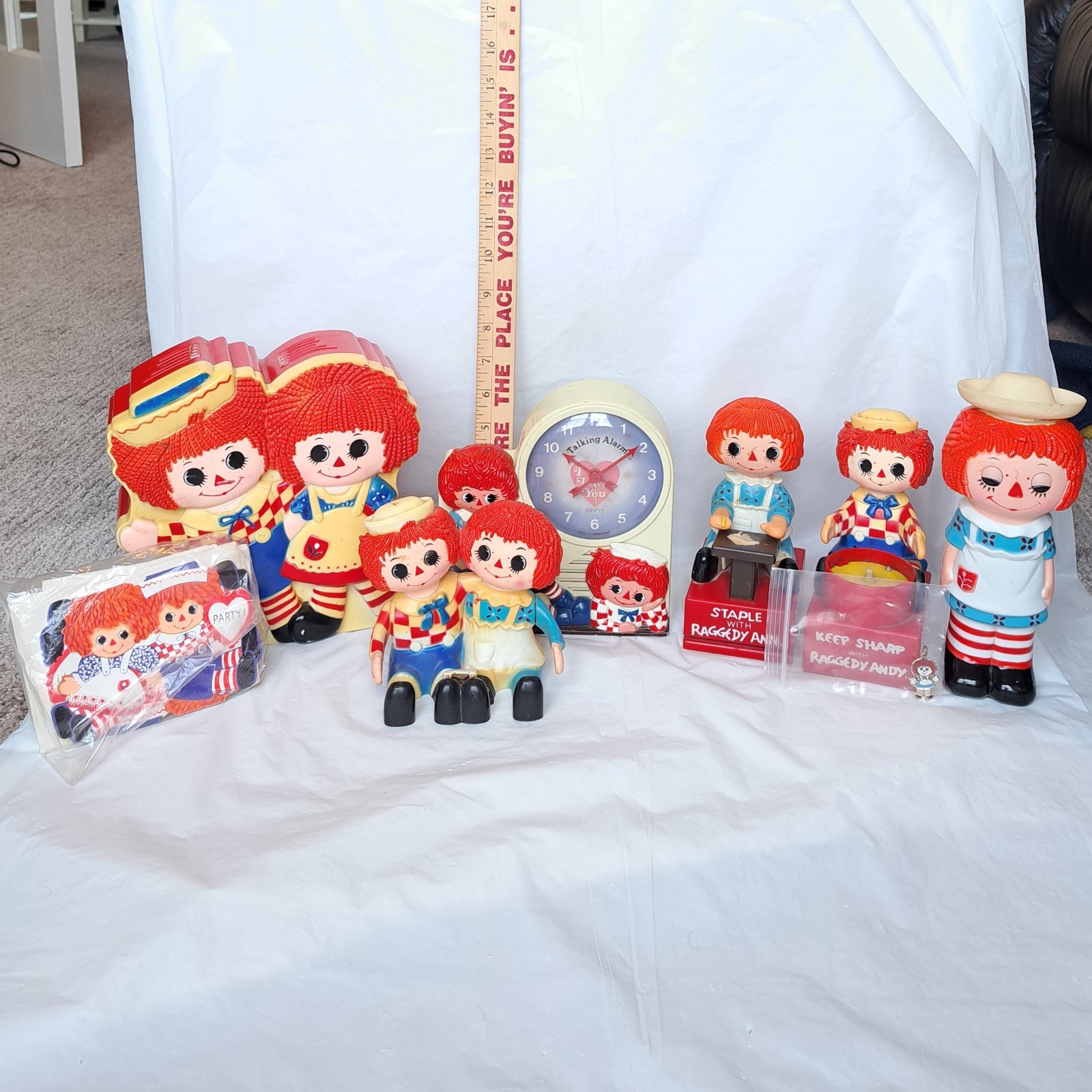 Vintage Lot of Raggedy Ann Andy Doll Collectibles Toys: Bank, Clock, Charm +more