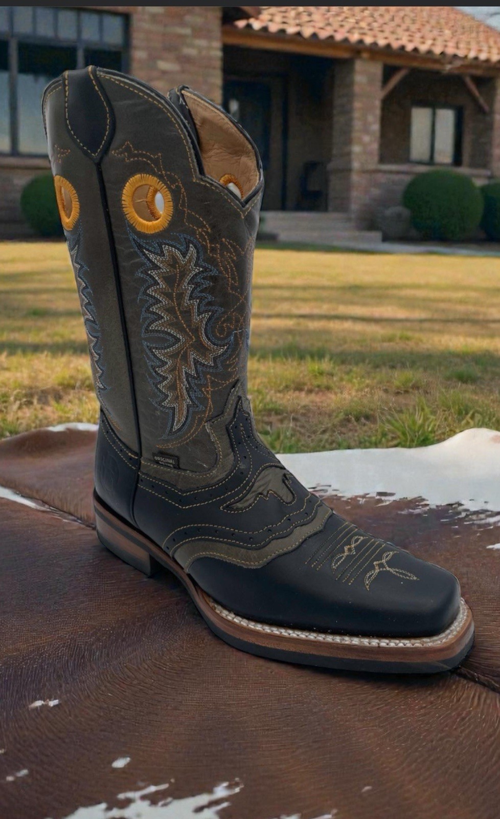Reyme Men’s Mexican Cowboy Boots Square Toe Leather Western Stitching