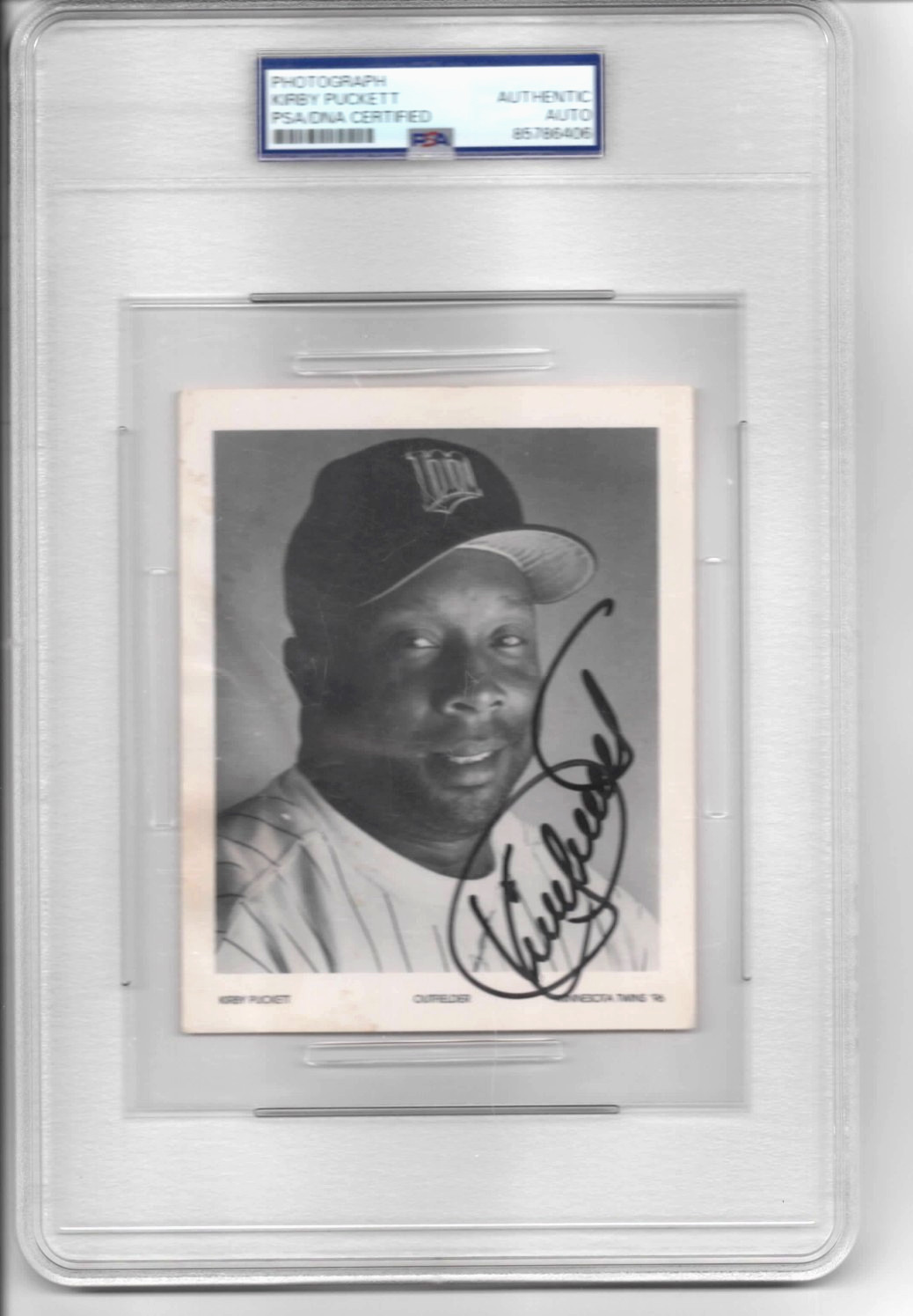 1996 STADIUM 4X5 PHOTO/CARD SIGNED IP AUTO KIRBY PUCKETT TWINS PSA, RARE